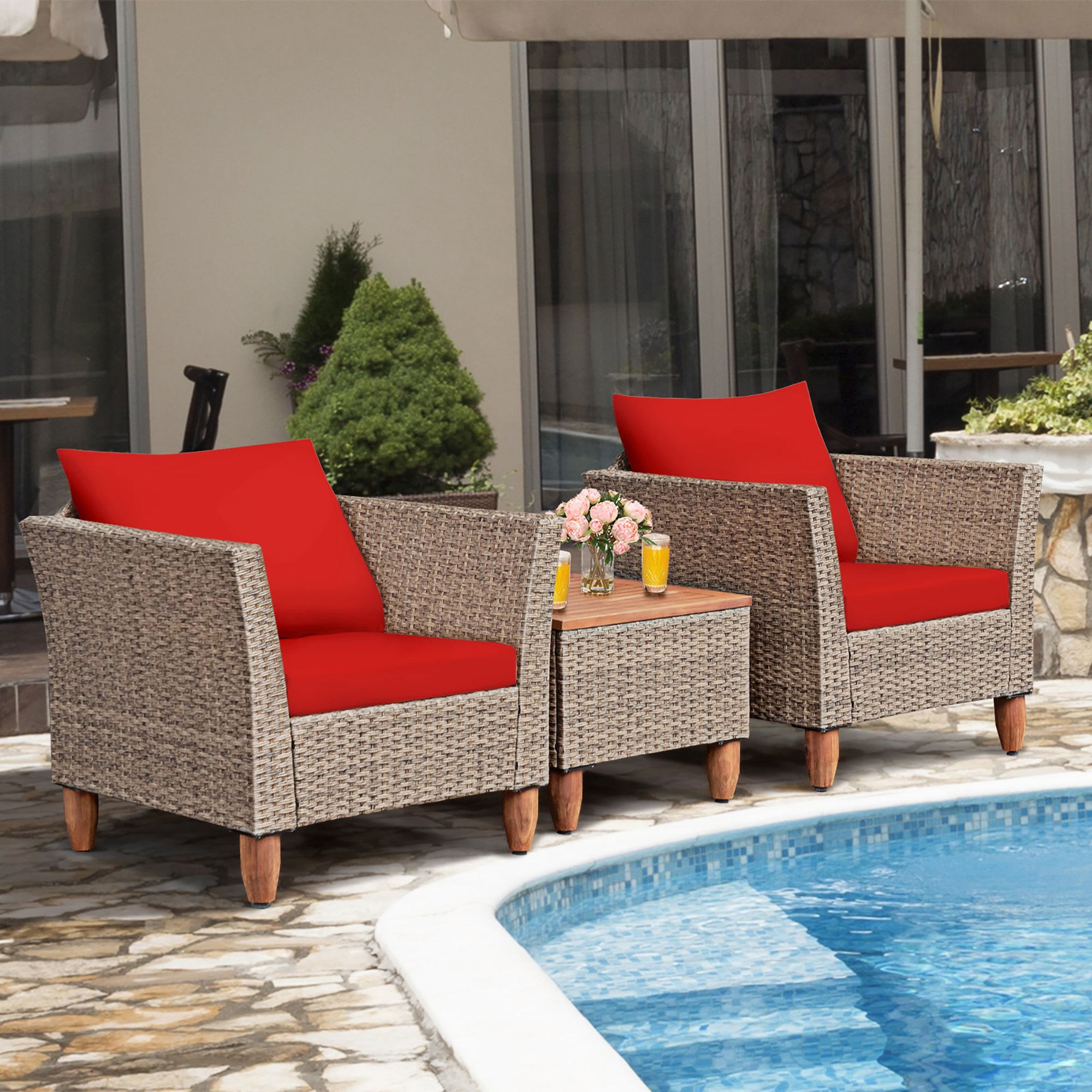  Wicker Rattan Chair and Table Set with Acacia Wood 3 Piece Set - Red - Bonton