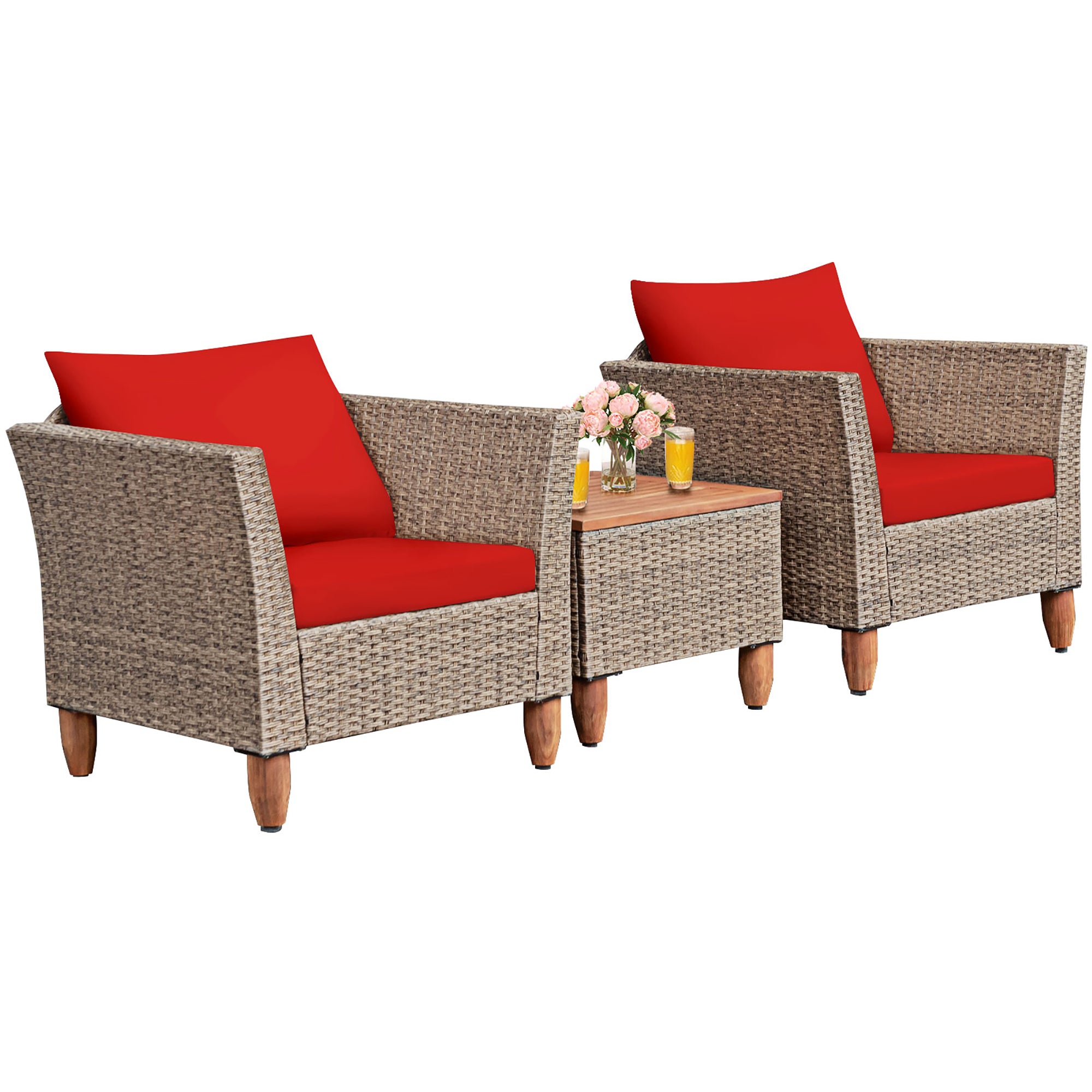  Wicker Rattan Chair and Table Set with Acacia Wood 3 Piece Set - Mix Brown - Bonton