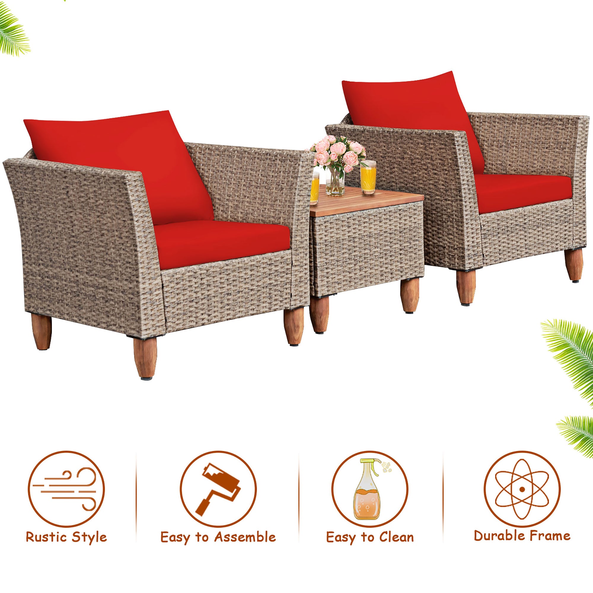  Wicker Rattan Chair and Table Set with Acacia Wood 3 Piece Set - Mix Brown - Bonton