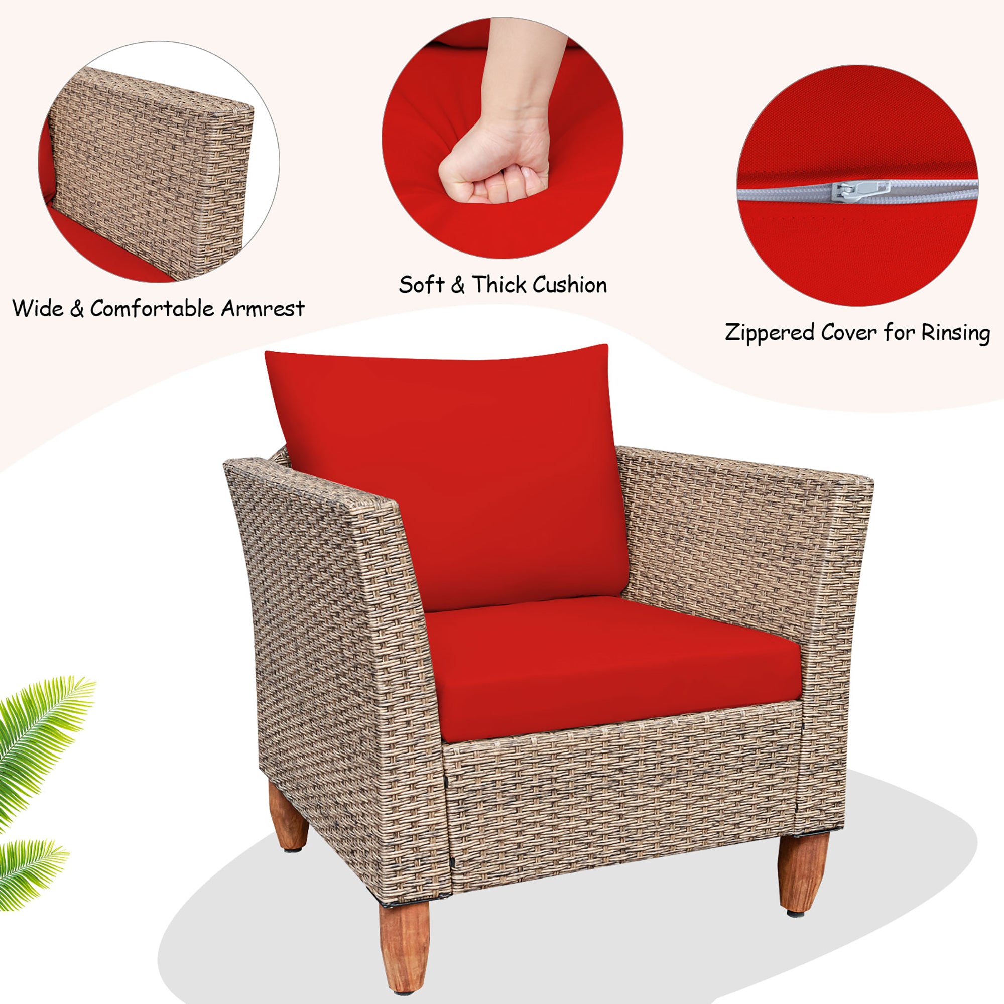  Wicker Rattan Chair and Table Set with Acacia Wood 3 Piece Set - Red - Bonton