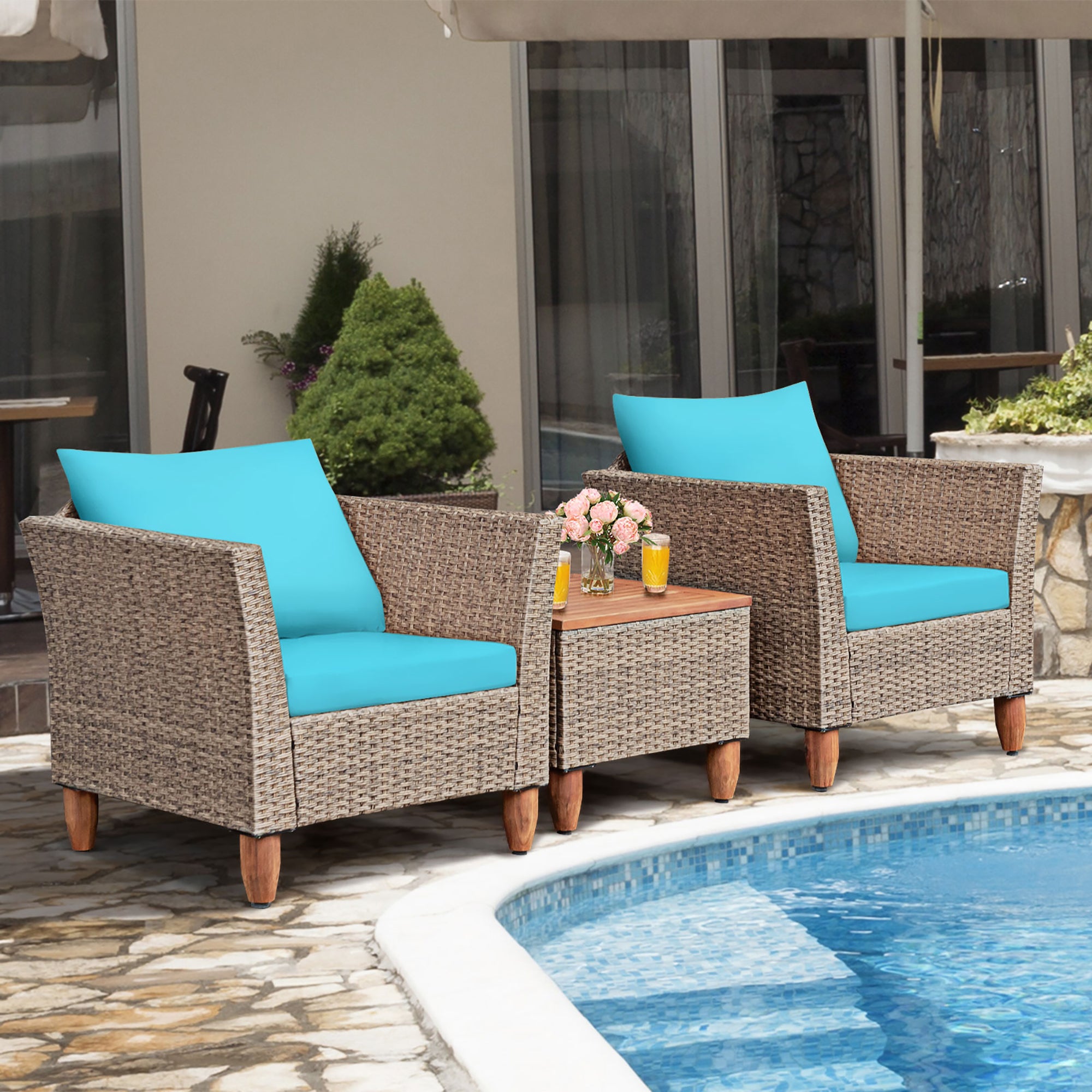  Wicker Rattan Chair and Table Set with Acacia Wood 3 Piece Set - Turquoise - Bonton