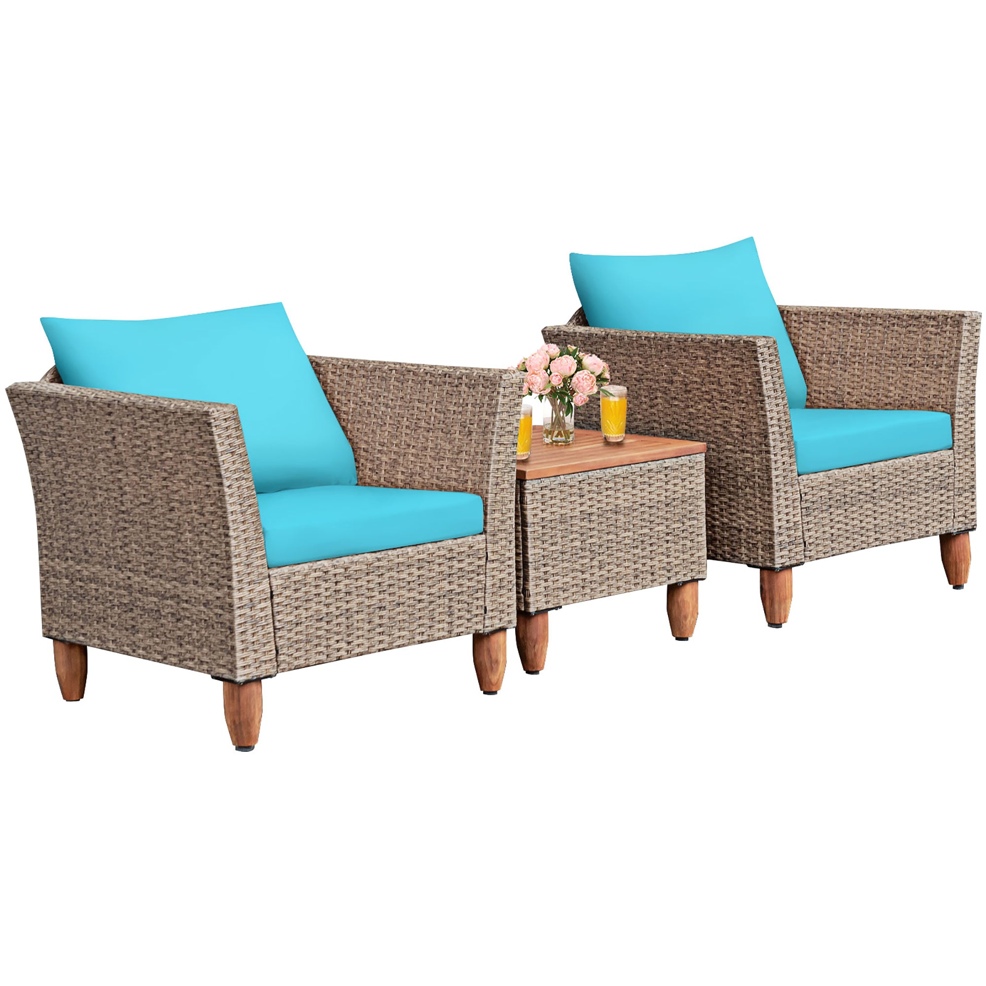  Wicker Rattan Chair and Table Set with Acacia Wood 3 Piece Set - Navy - Bonton