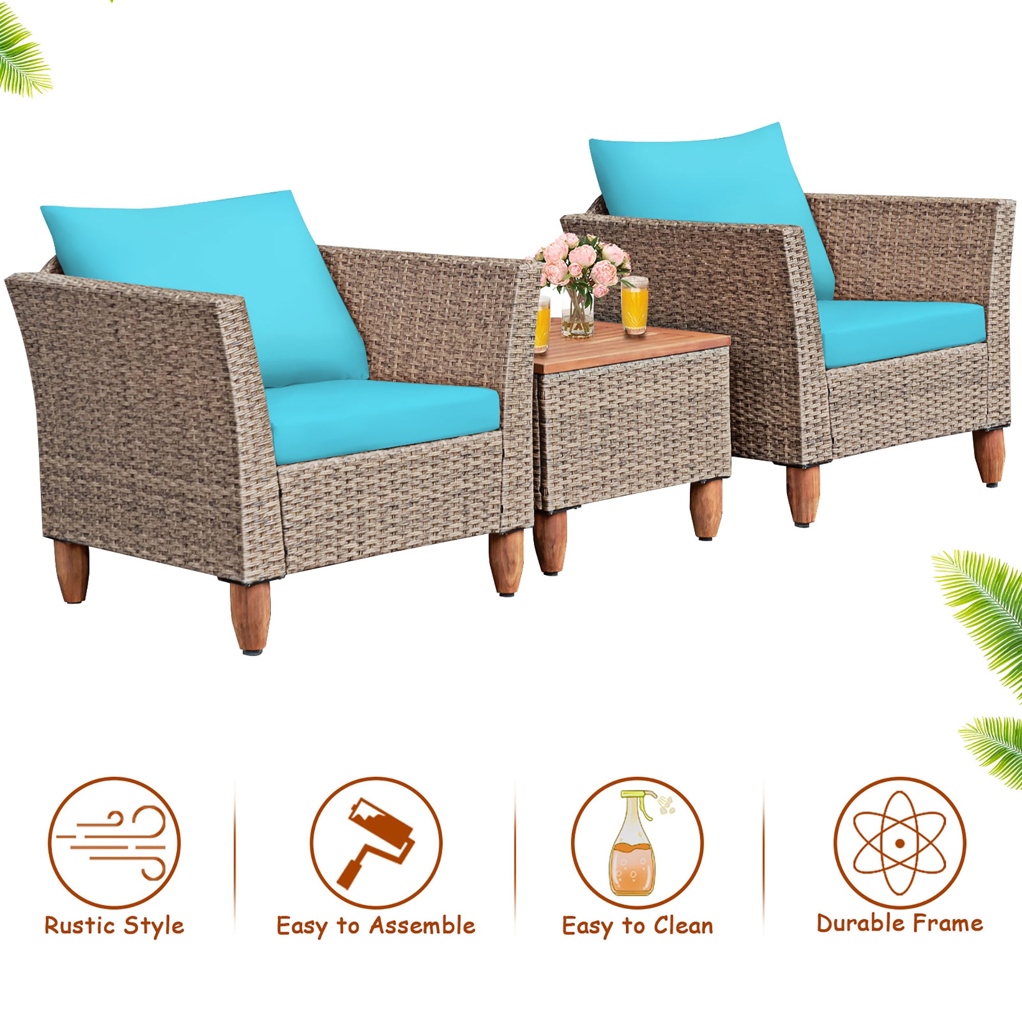  Wicker Rattan Chair and Table Set with Acacia Wood 3 Piece Set - Mix Brown - Bonton