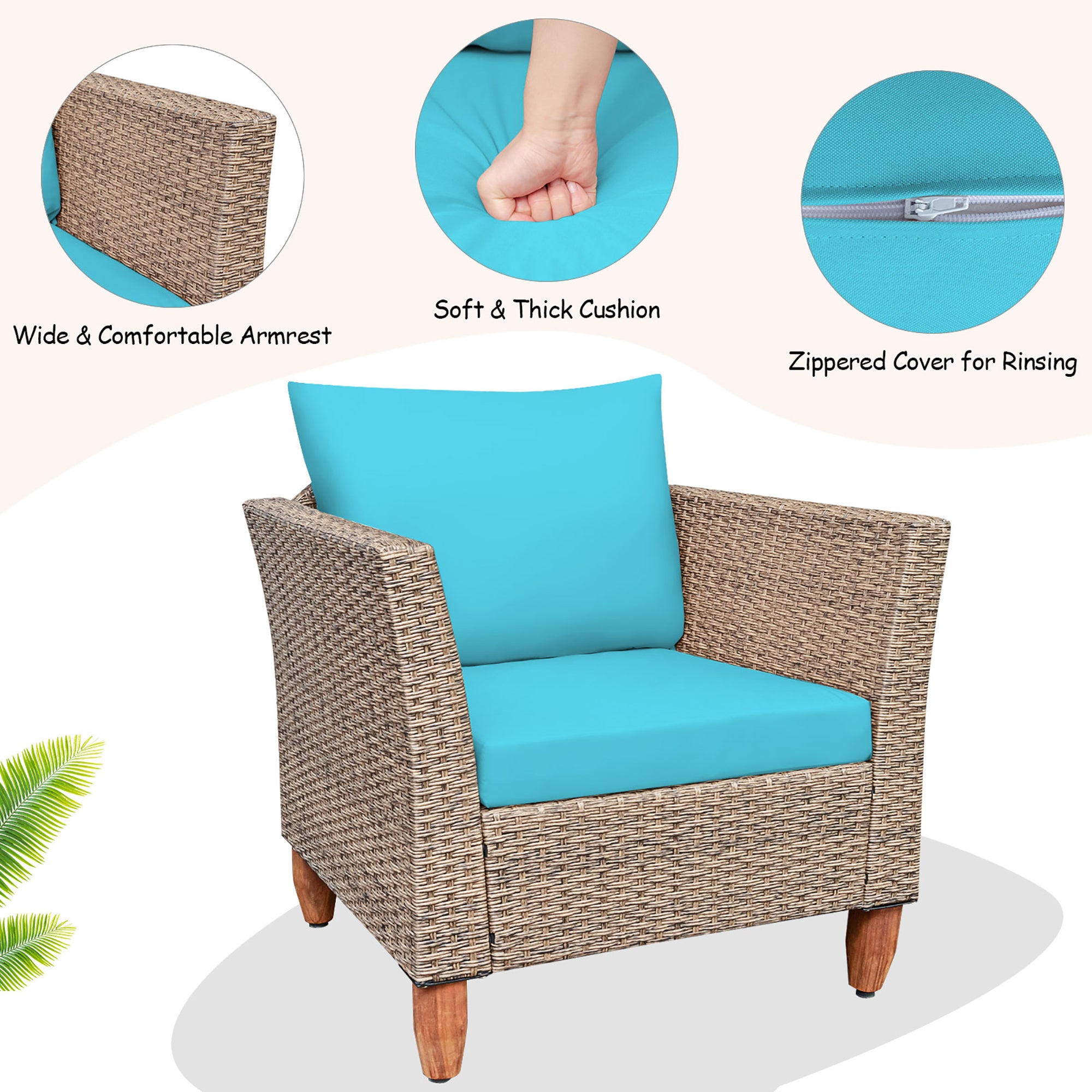  Wicker Rattan Chair and Table Set with Acacia Wood 3 Piece Set - Turquoise - Bonton