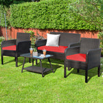 4 Piece Rattan Furniture Set with Bench Style Glass Coffee Table