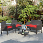 4 Piece Rattan Furniture Set with Bench Style Glass Coffee Table