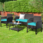 4 Piece Rattan Furniture Set with Bench Style Glass Coffee Table