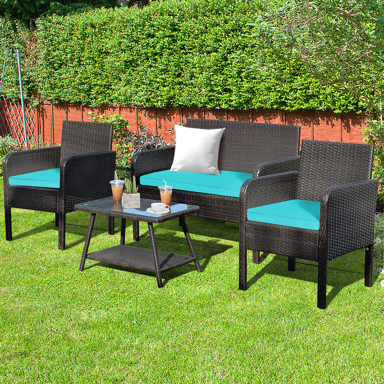 4 Piece Rattan Furniture Set with Bench Style Glass Coffee Table