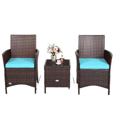  3 Piece Rattan Modern Chair Furniture Set with Cushions and Table - Red - Bonton