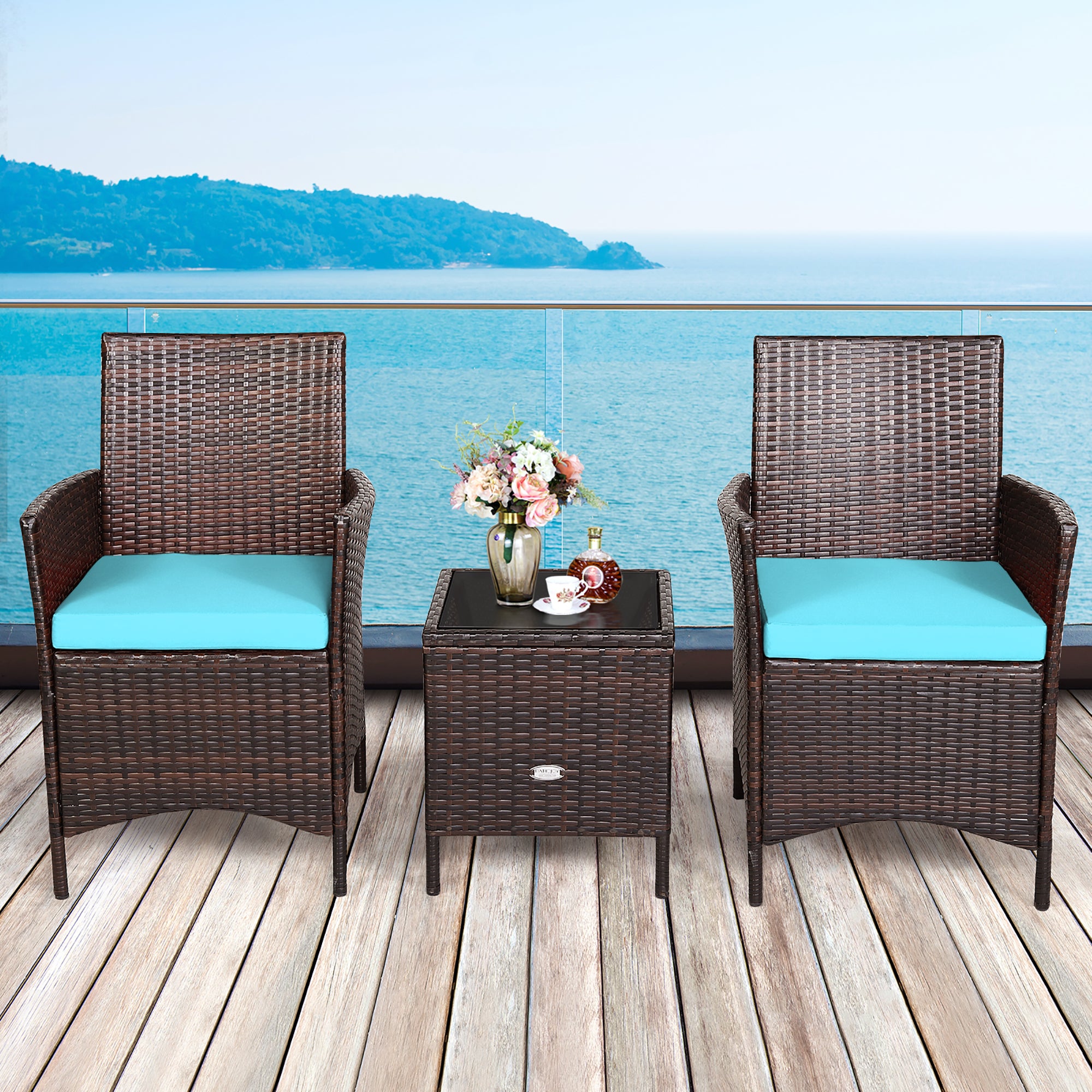  3 Piece Rattan Modern Chair Furniture Set with Cushions and Table - Red - Bonton