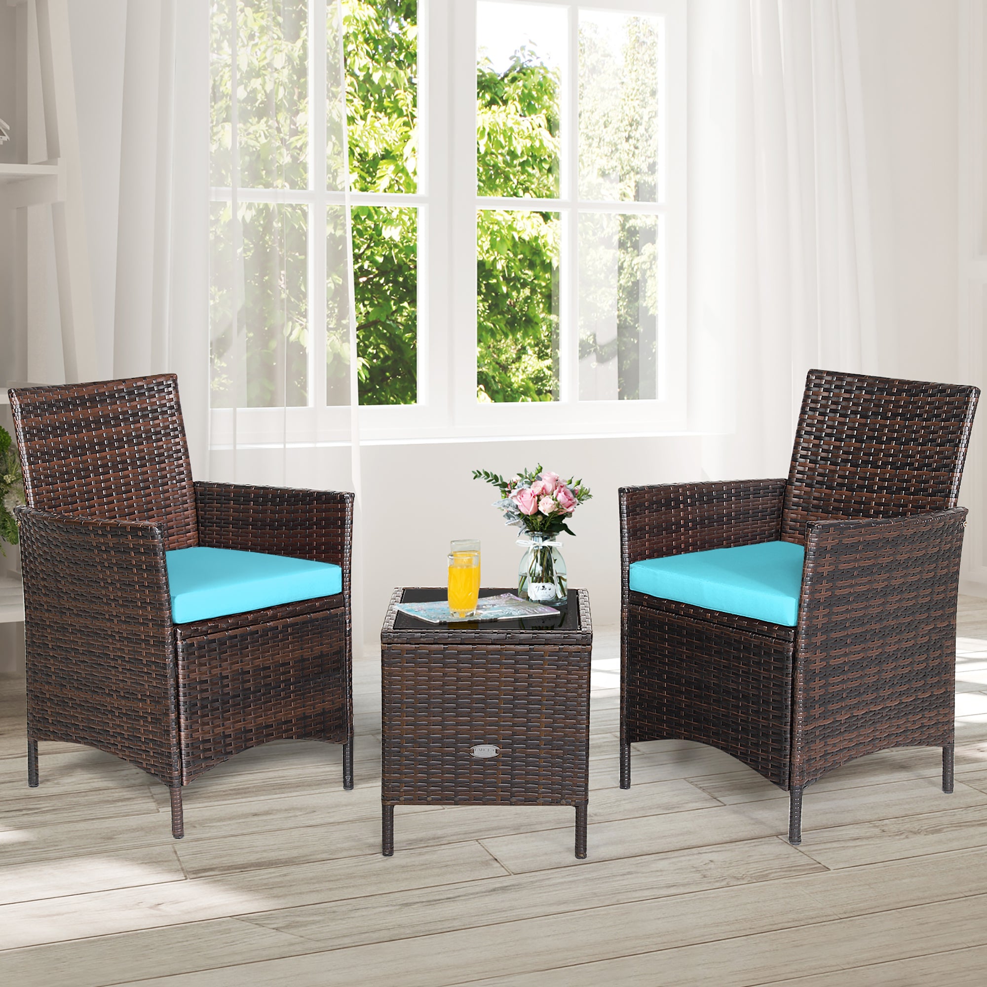  3 Piece Rattan Modern Chair Furniture Set with Cushions and Table - White - Bonton