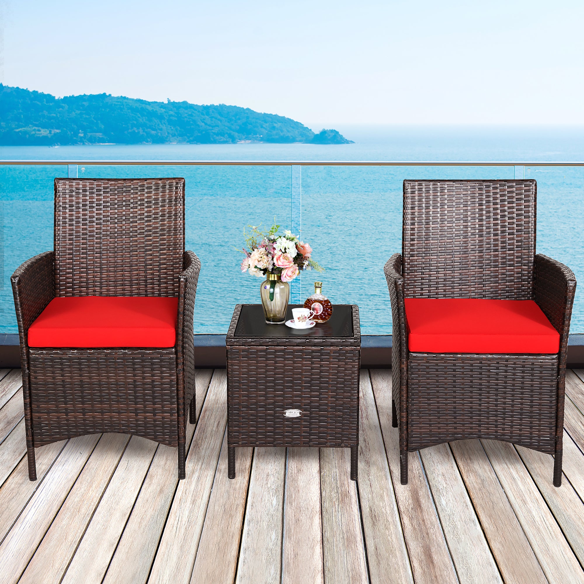  3 Piece Rattan Modern Chair Furniture Set with Cushions and Table - Red - Bonton