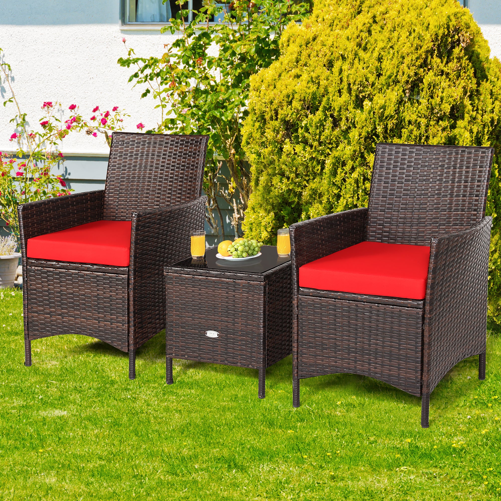  3 Piece Rattan Modern Chair Furniture Set with Cushions and Table - Red - Bonton