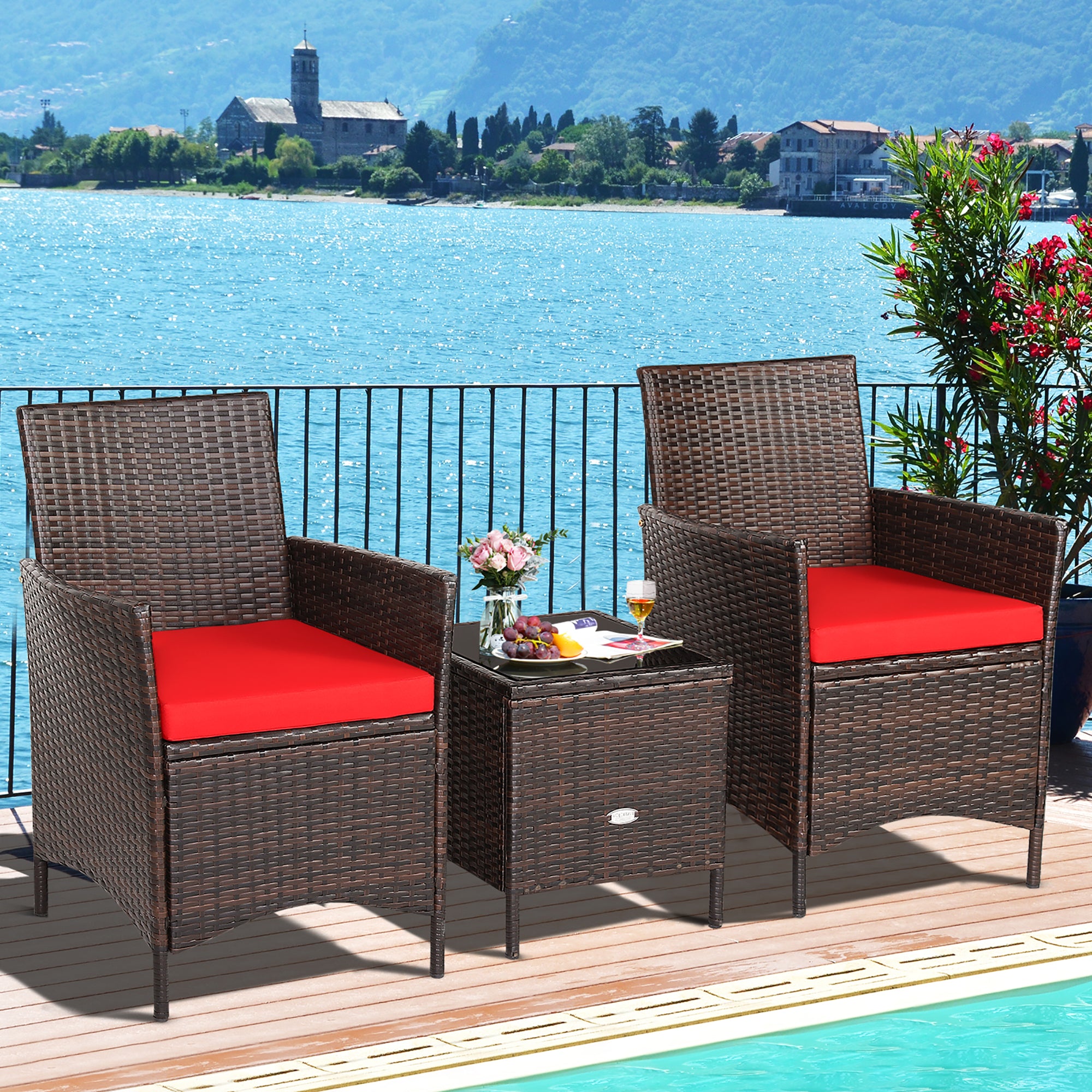  3 Piece Rattan Modern Chair Furniture Set with Cushions and Table - Red - Bonton