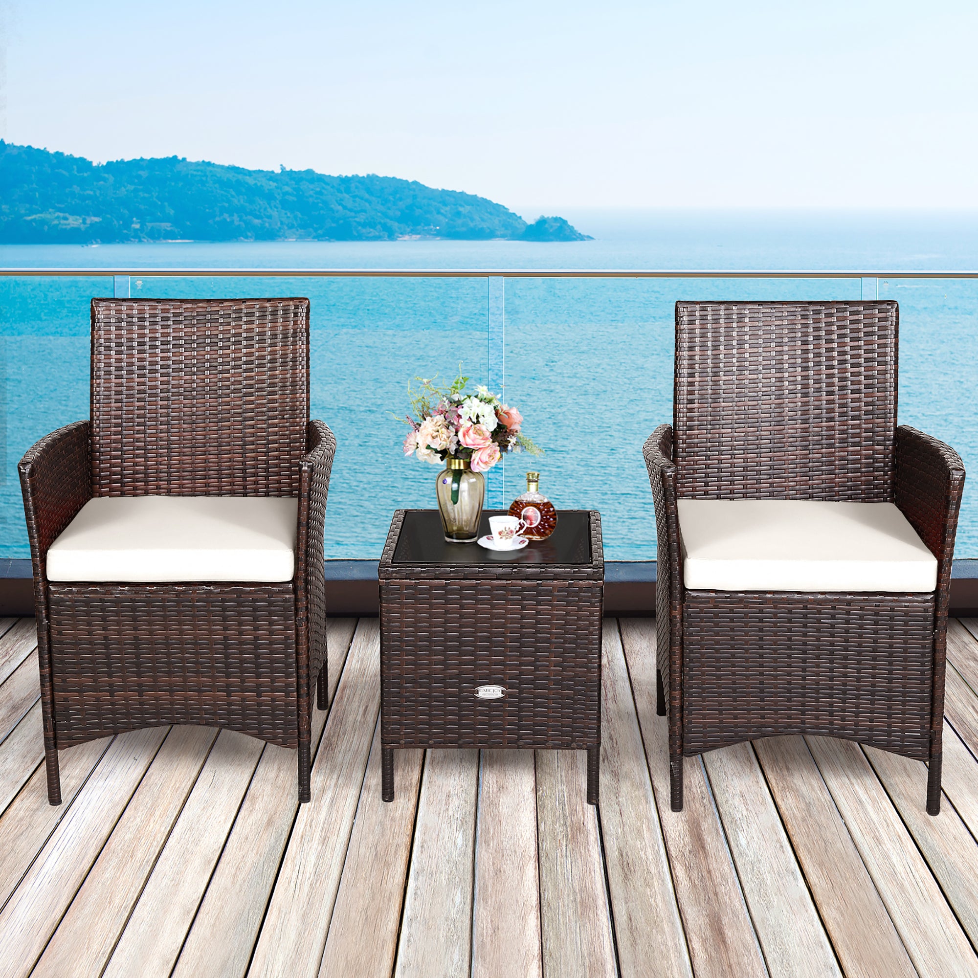  3 Piece Rattan Modern Chair Furniture Set with Cushions and Table - Red - Bonton