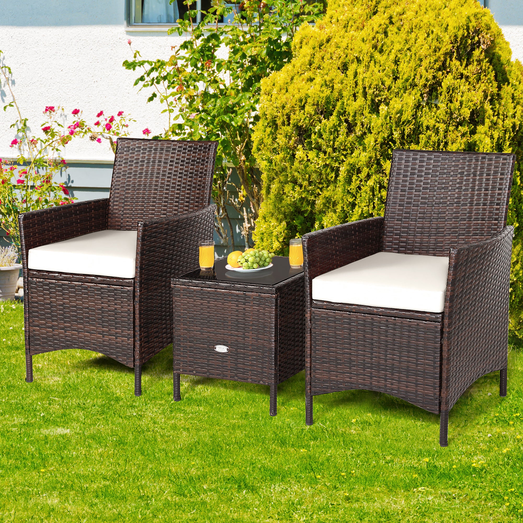  3 Piece Rattan Modern Chair Furniture Set with Cushions and Table - White - Bonton