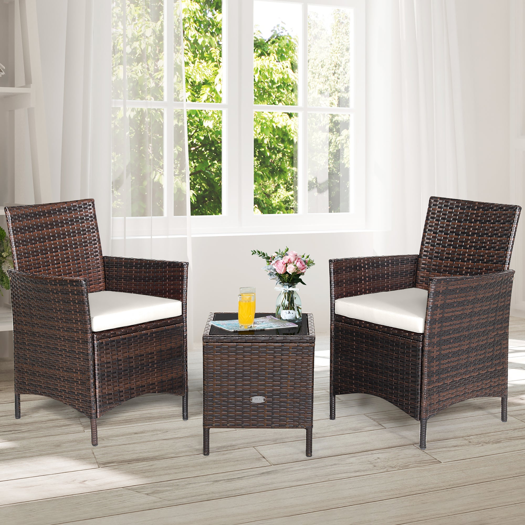  3 Piece Rattan Modern Chair Furniture Set with Cushions and Table - Red - Bonton