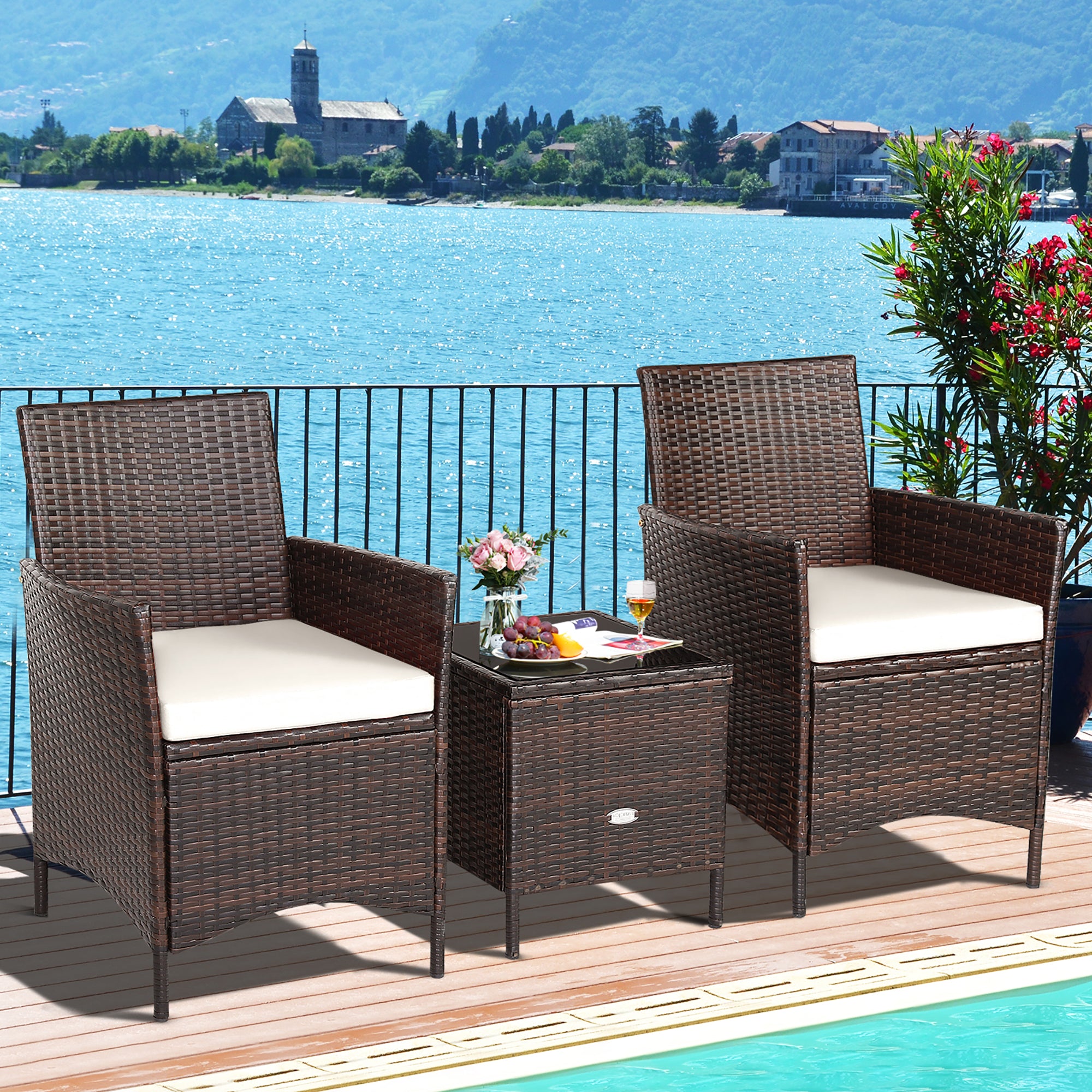  3 Piece Rattan Modern Chair Furniture Set with Cushions and Table - Red - Bonton