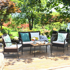 4 Piece Rattan Furniture Set with Acacia Wood Coffee Table