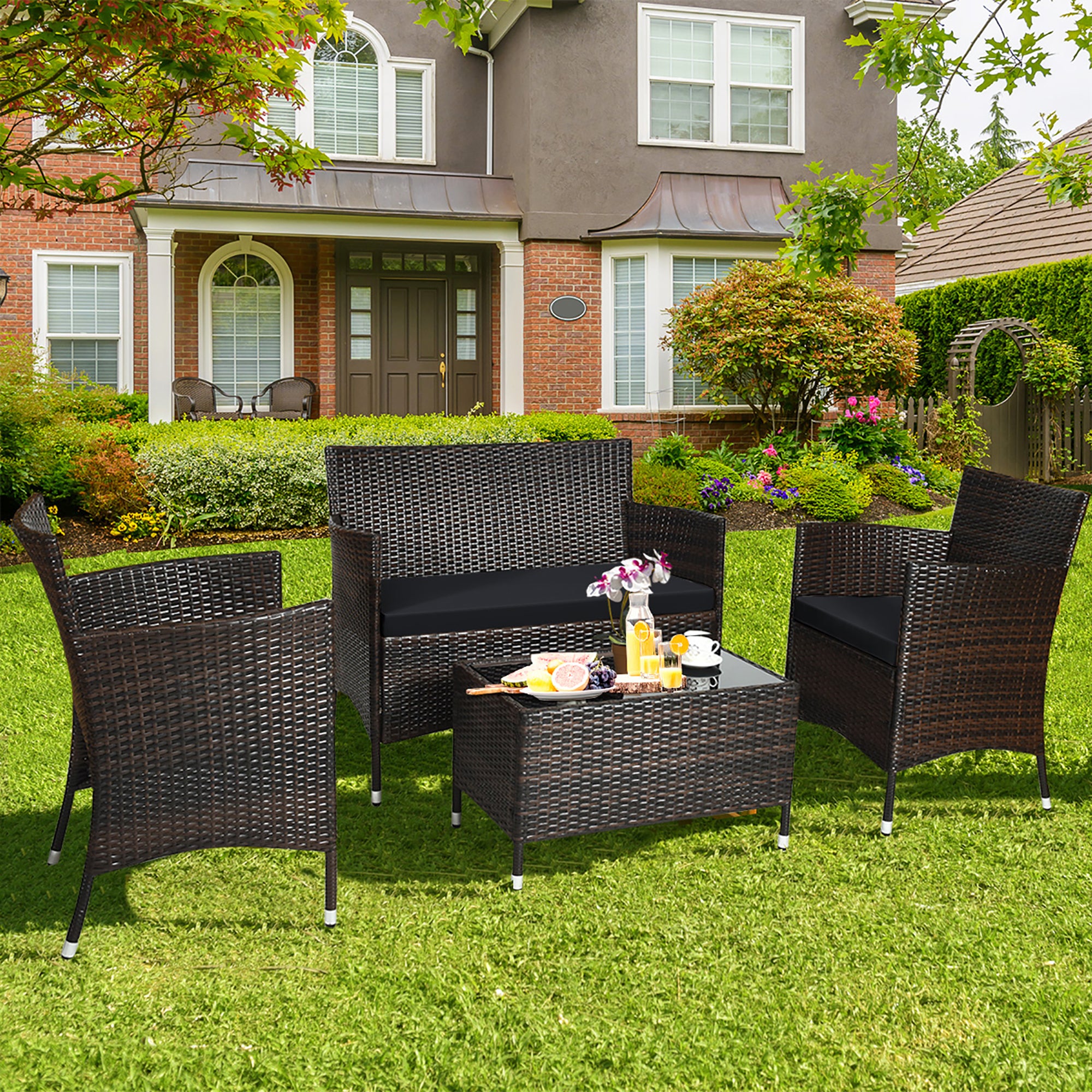  4 Piece Rattan Modern Furniture Set with Cushions and Coffee Table - Navy - Bonton