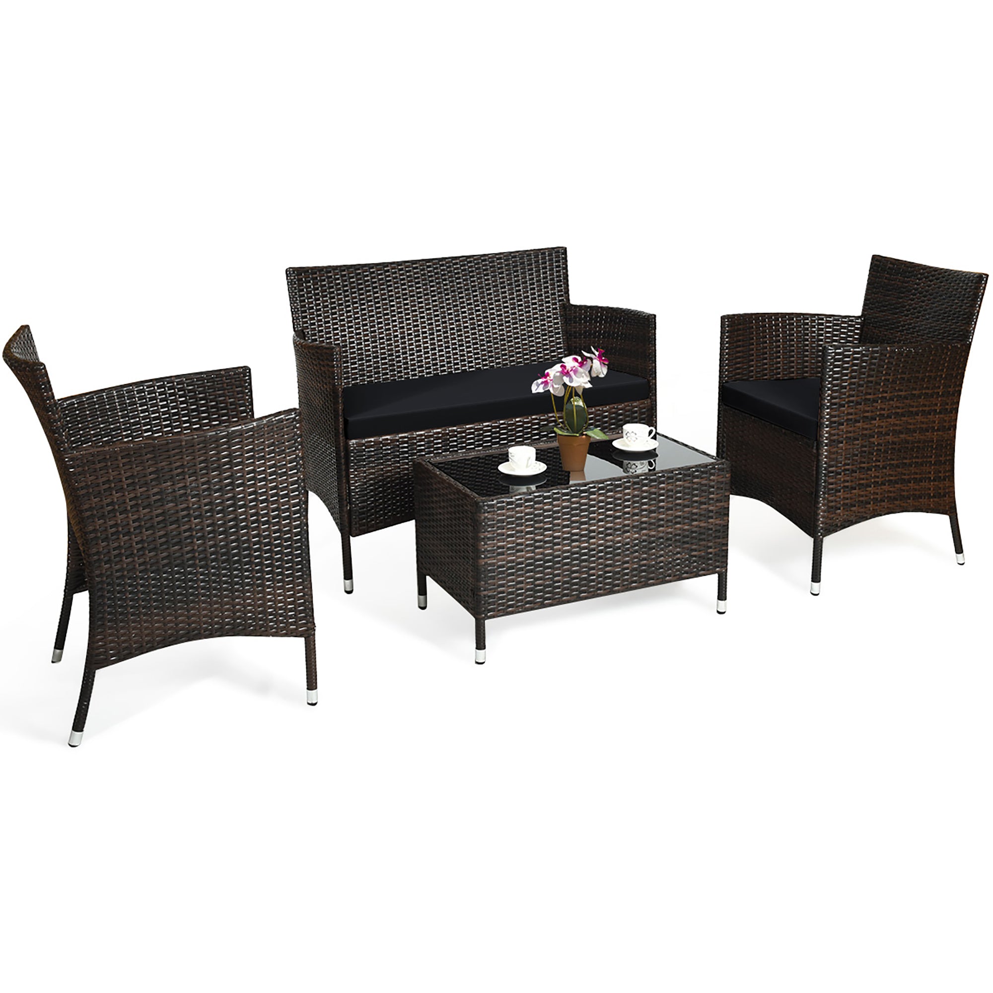  4 Piece Rattan Modern Furniture Set with Cushions and Coffee Table - Navy - Bonton