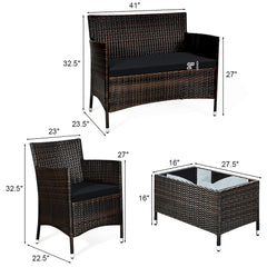 4 Piece Rattan Modern Furniture Set with Cushions and Coffee Table