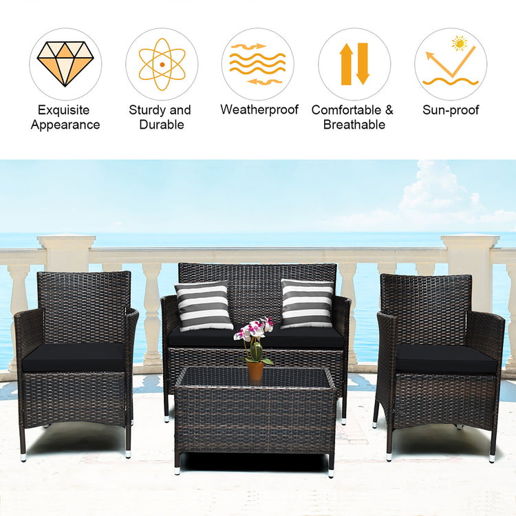 4 Piece Rattan Modern Furniture Set with Cushions and Coffee Table