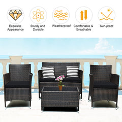 4 Piece Rattan Modern Furniture Set with Cushions and Coffee Table