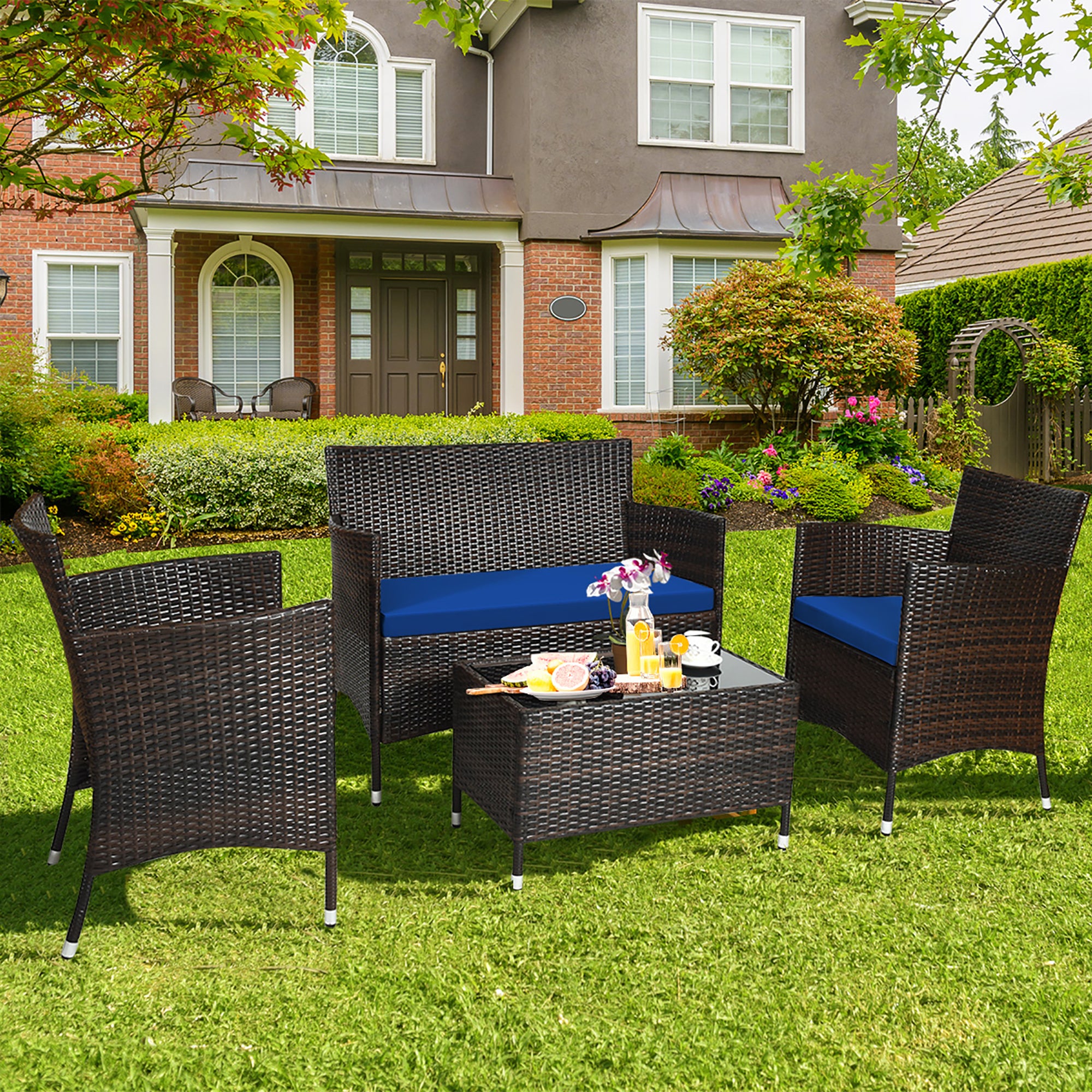  4 Piece Rattan Modern Furniture Set with Cushions and Coffee Table - Navy - Bonton