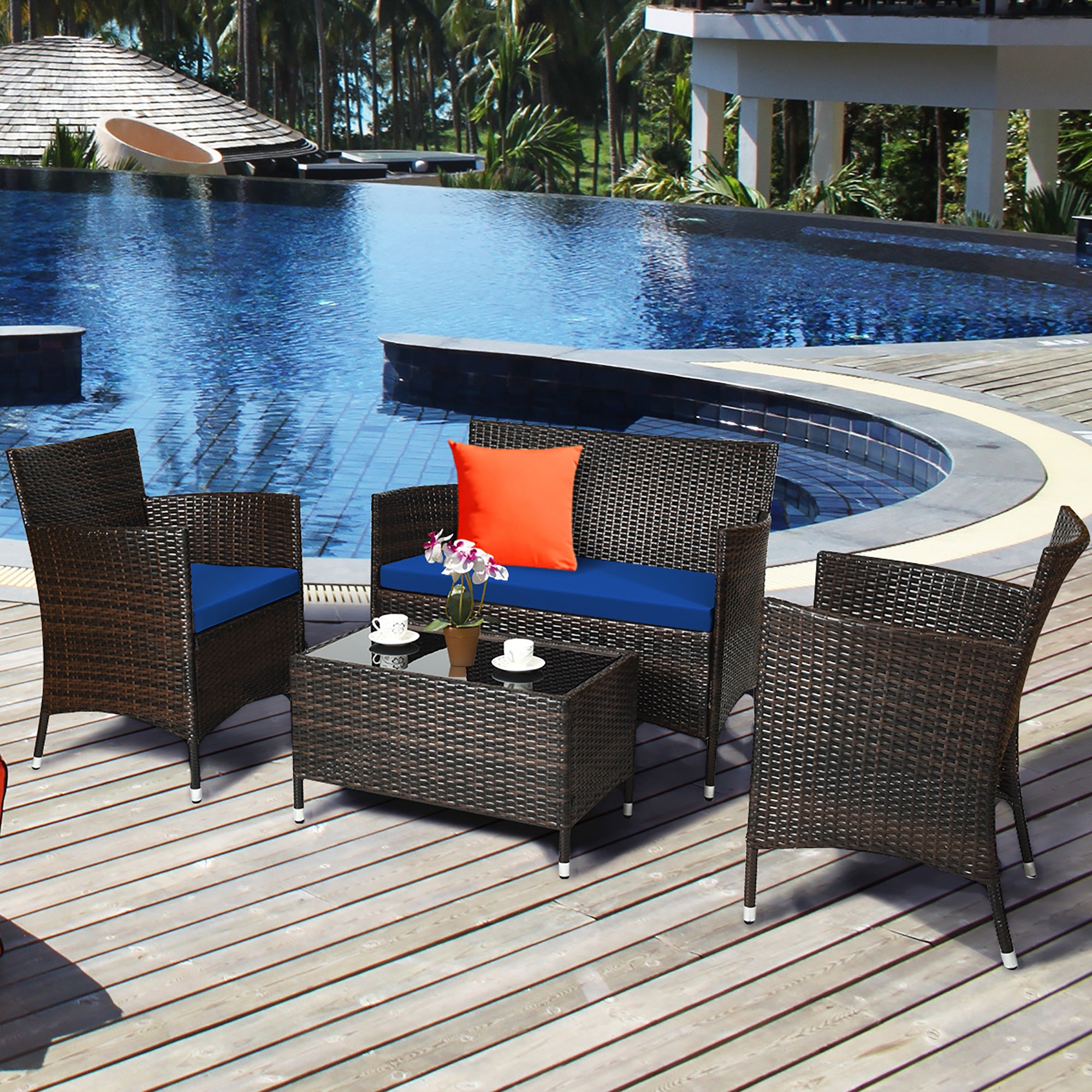  4 Piece Rattan Modern Furniture Set with Cushions and Coffee Table - Navy - Bonton