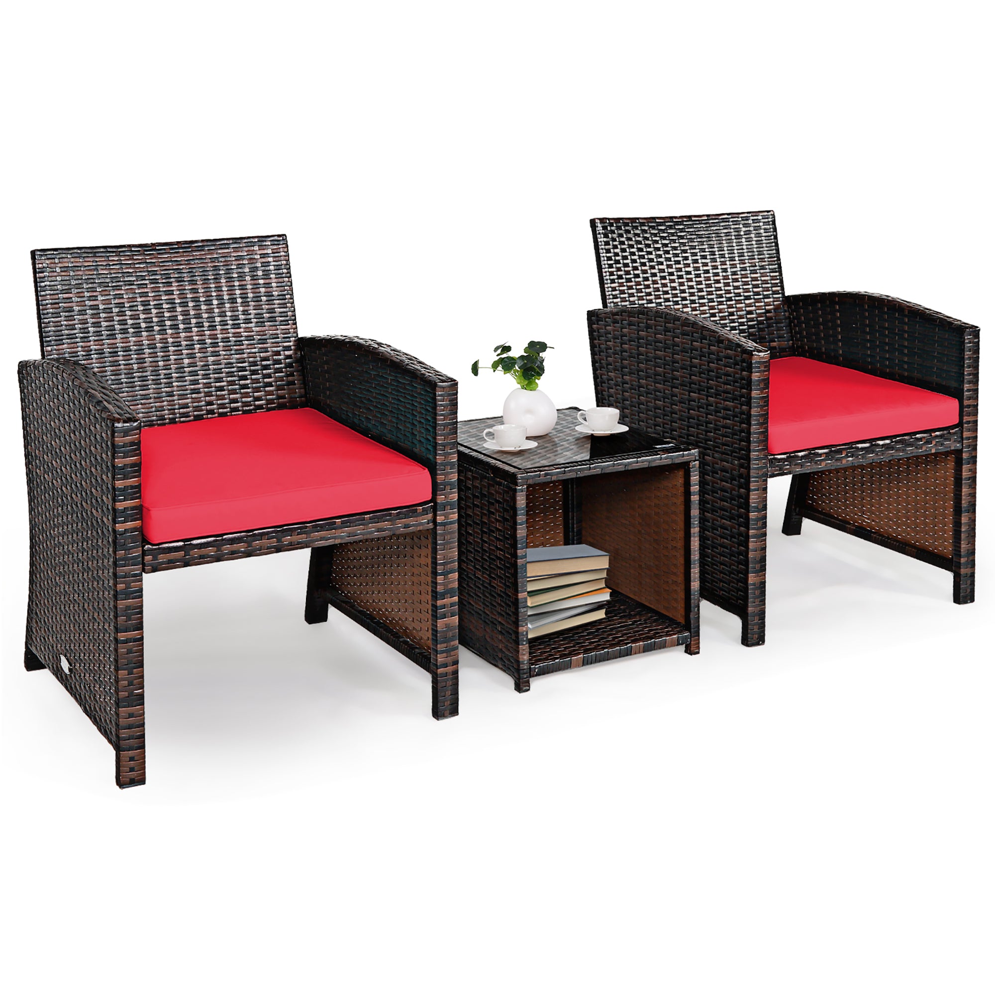  3 Piece Rattan High Backrest Chair Set with Table - Turquoise - Bonton