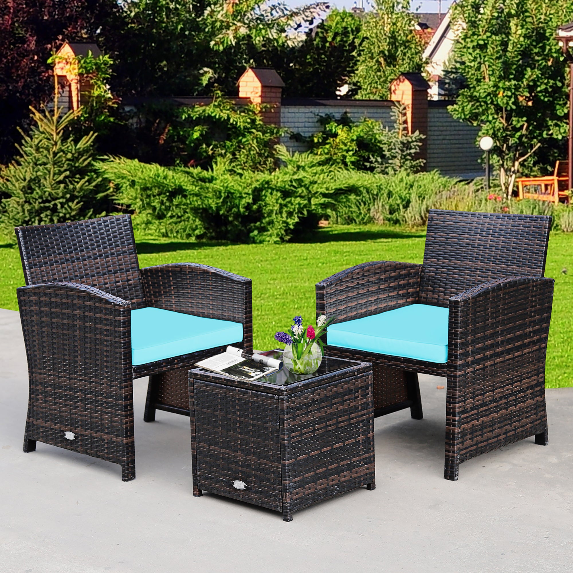  3 Piece Rattan High Backrest Chair Set with Table - Turquoise - Bonton