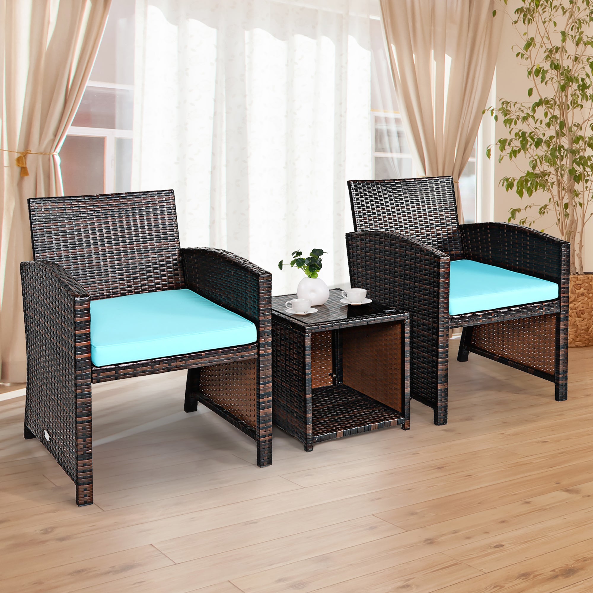  3 Piece Rattan High Backrest Chair Set with Table - White - Bonton