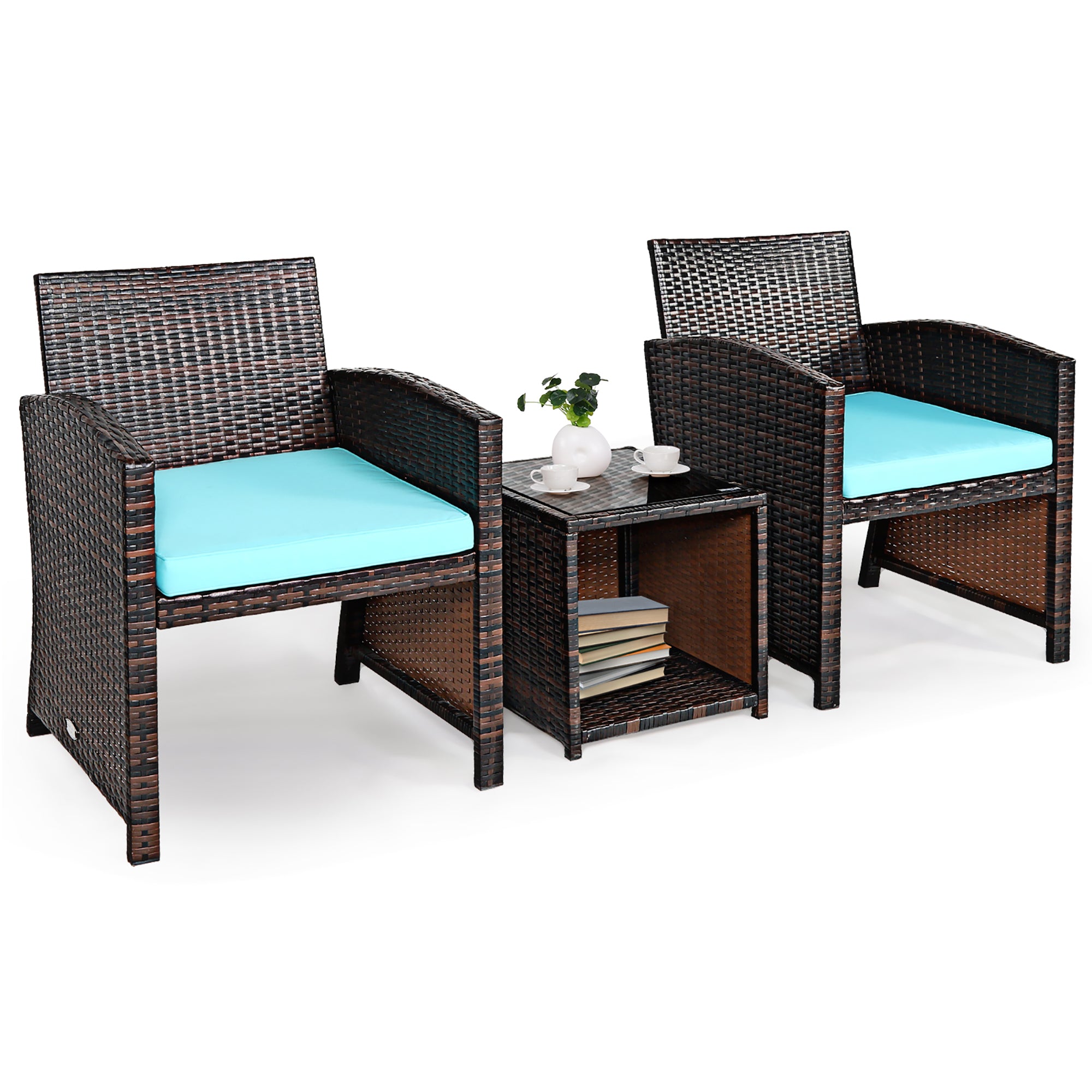  3 Piece Rattan High Backrest Chair Set with Table - Turquoise - Bonton