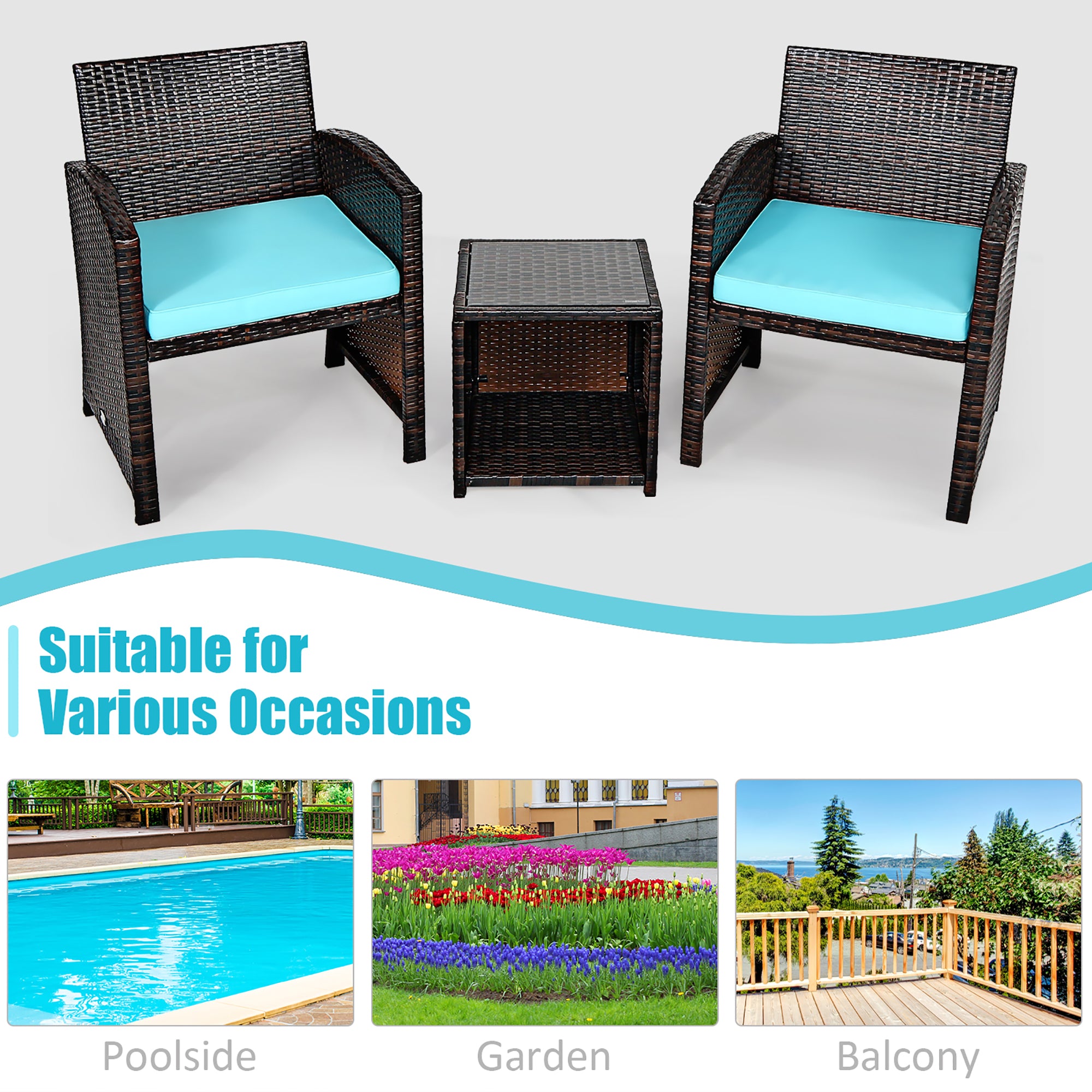  3 Piece Rattan High Backrest Chair Set with Table - Turquoise - Bonton