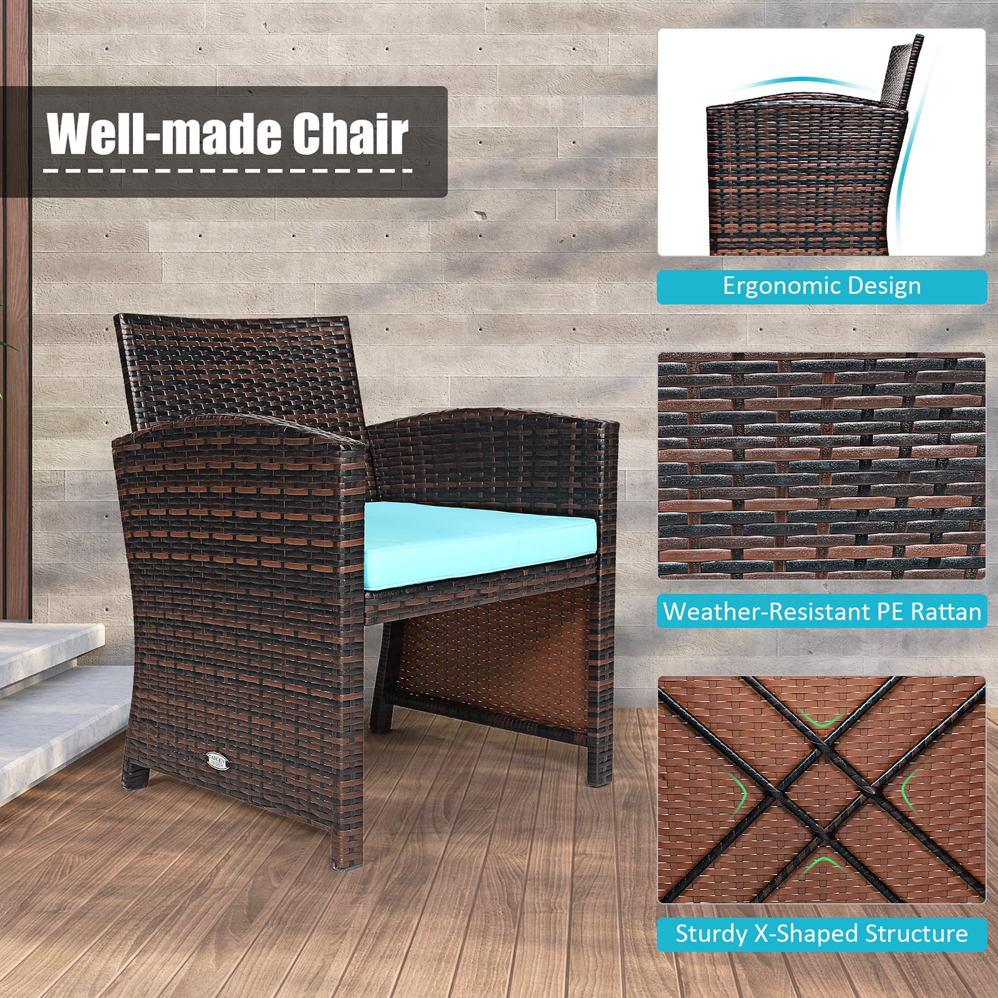  3 Piece Rattan High Backrest Chair Set with Table - Turquoise - Bonton