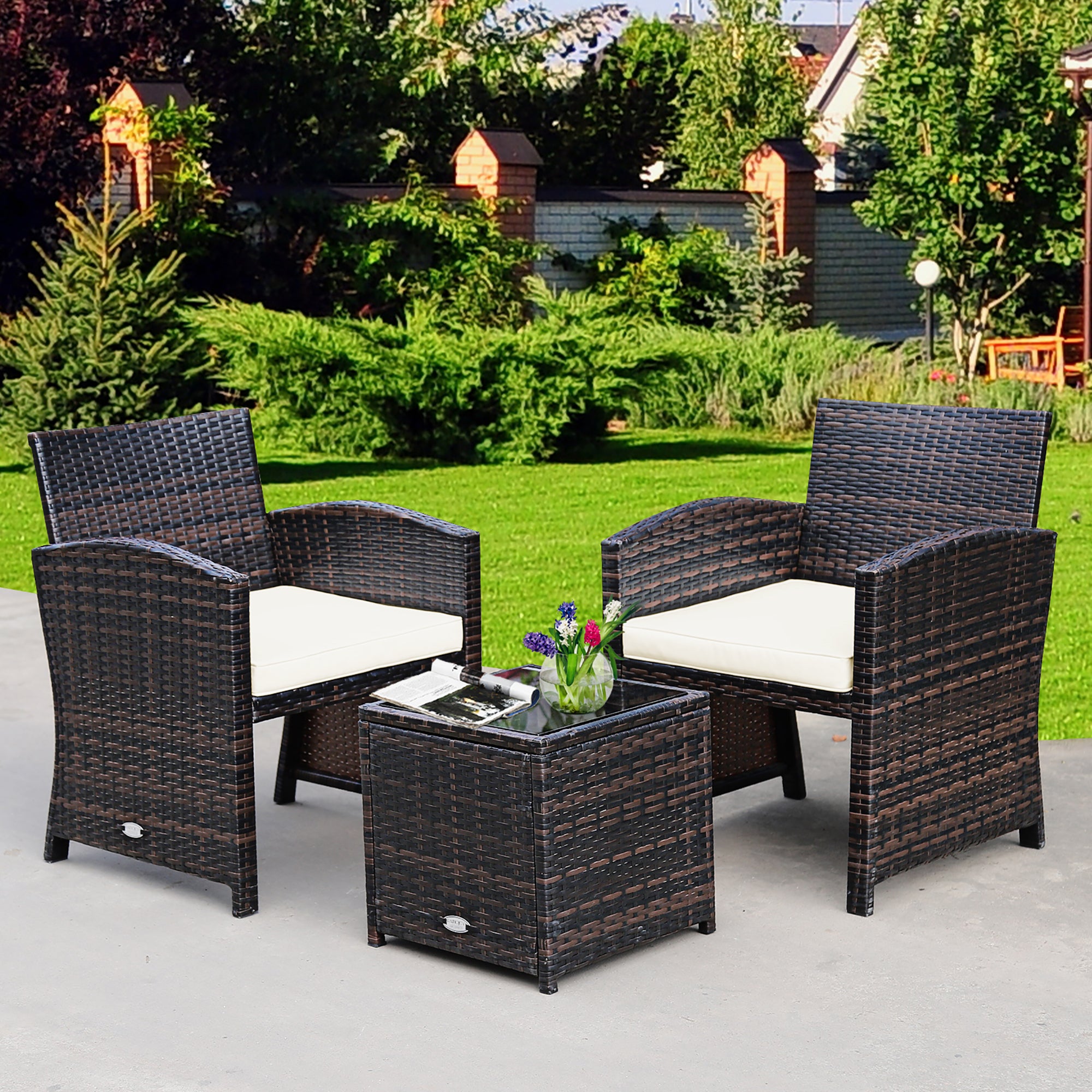  3 Piece Rattan High Backrest Chair Set with Table - White - Bonton