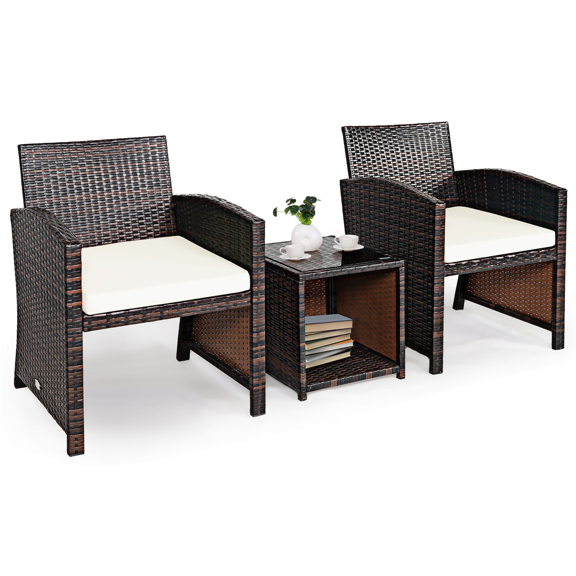  3 Piece Rattan High Backrest Chair Set with Table - Turquoise - Bonton