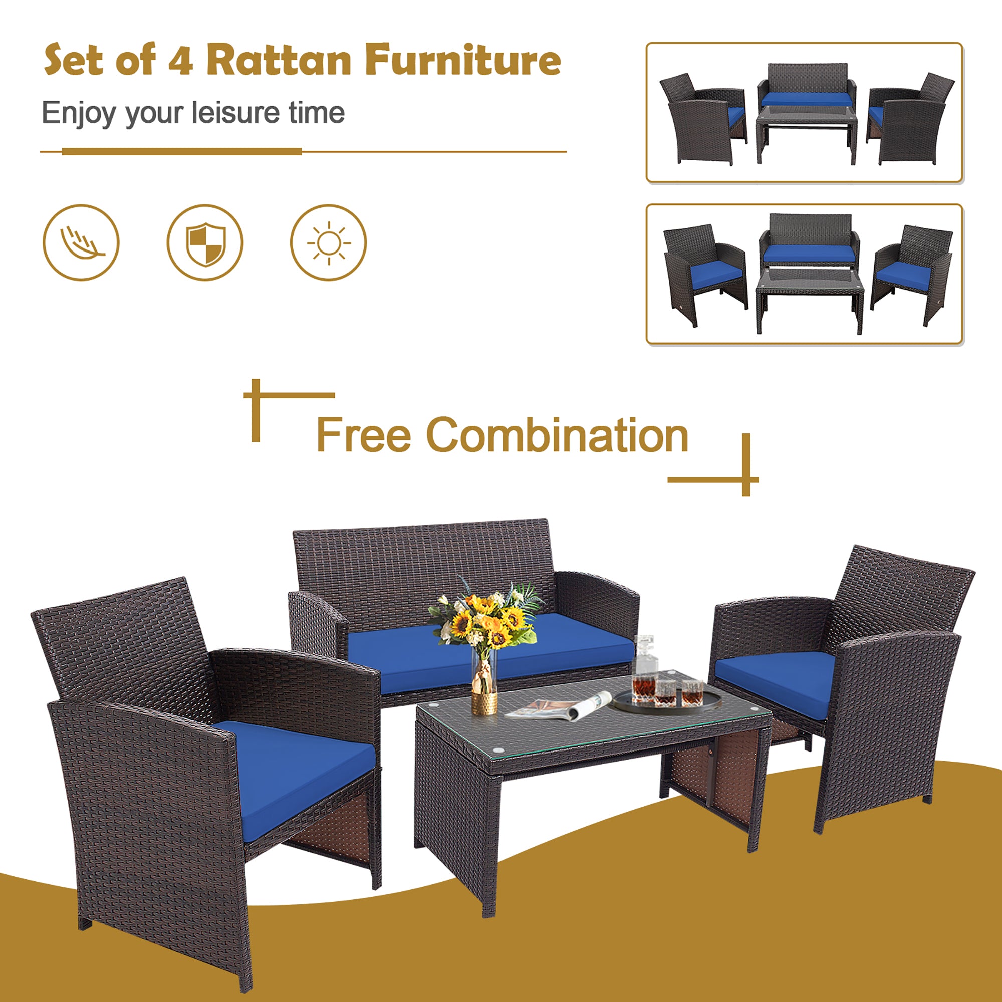  4 Piece Rattan High Backrest Cushioned Furniture Set with Coffee Table - Turquoise - Bonton