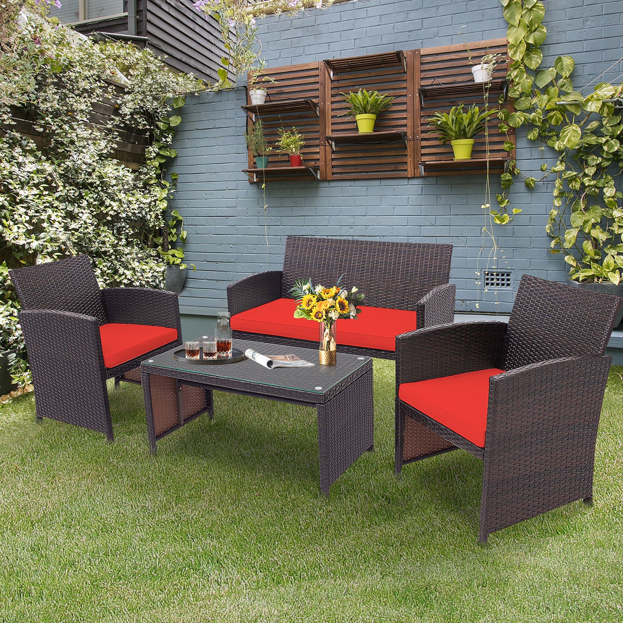  4 Piece Rattan High Backrest Cushioned Furniture Set with Coffee Table - Red - Bonton