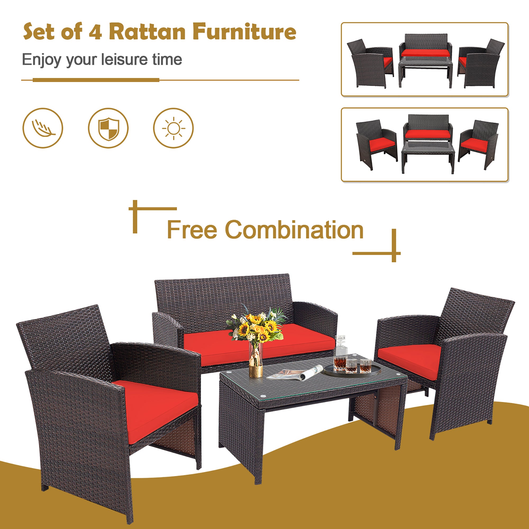  4 Piece Rattan High Backrest Cushioned Furniture Set with Coffee Table - White - Bonton