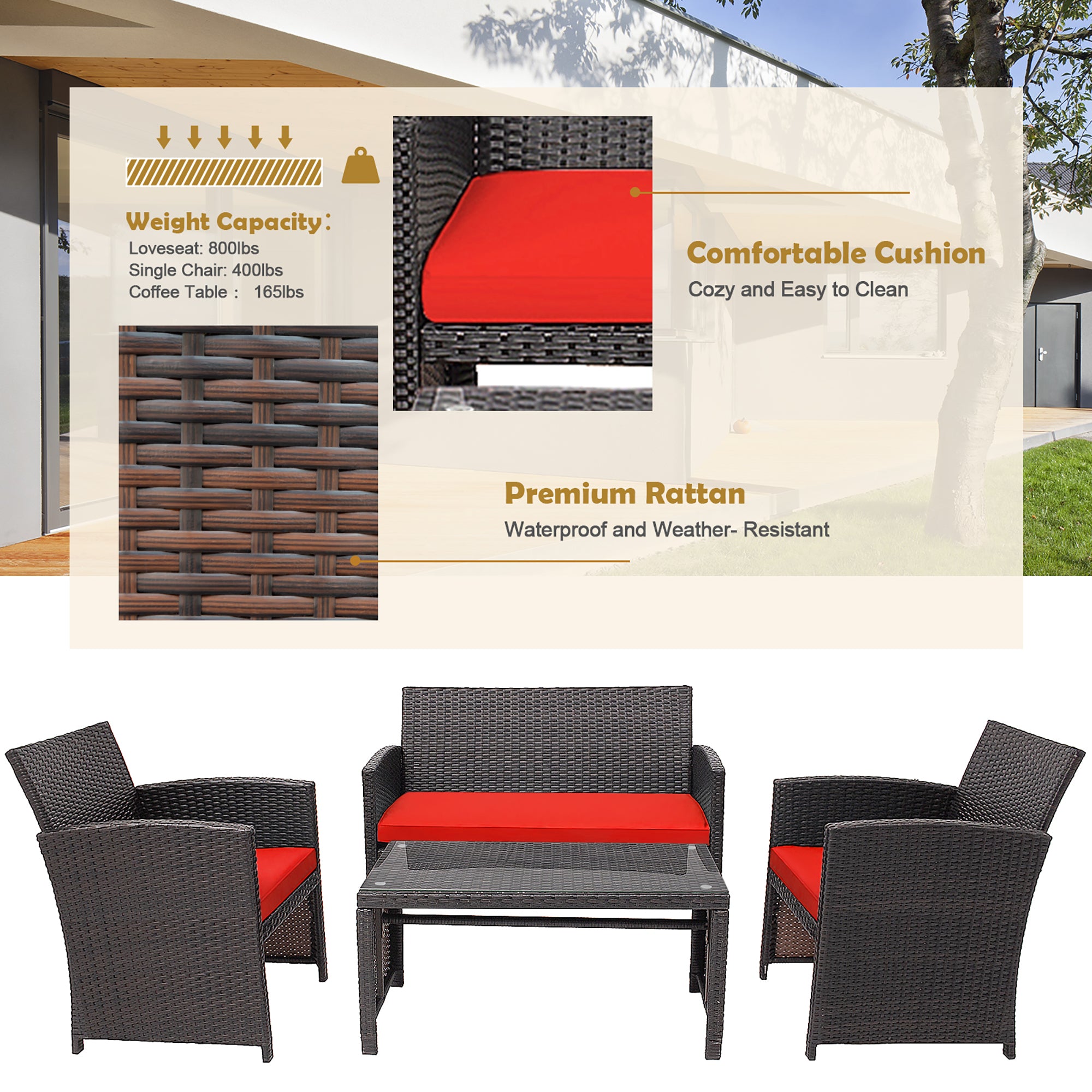  4 Piece Rattan High Backrest Cushioned Furniture Set with Coffee Table - Red - Bonton