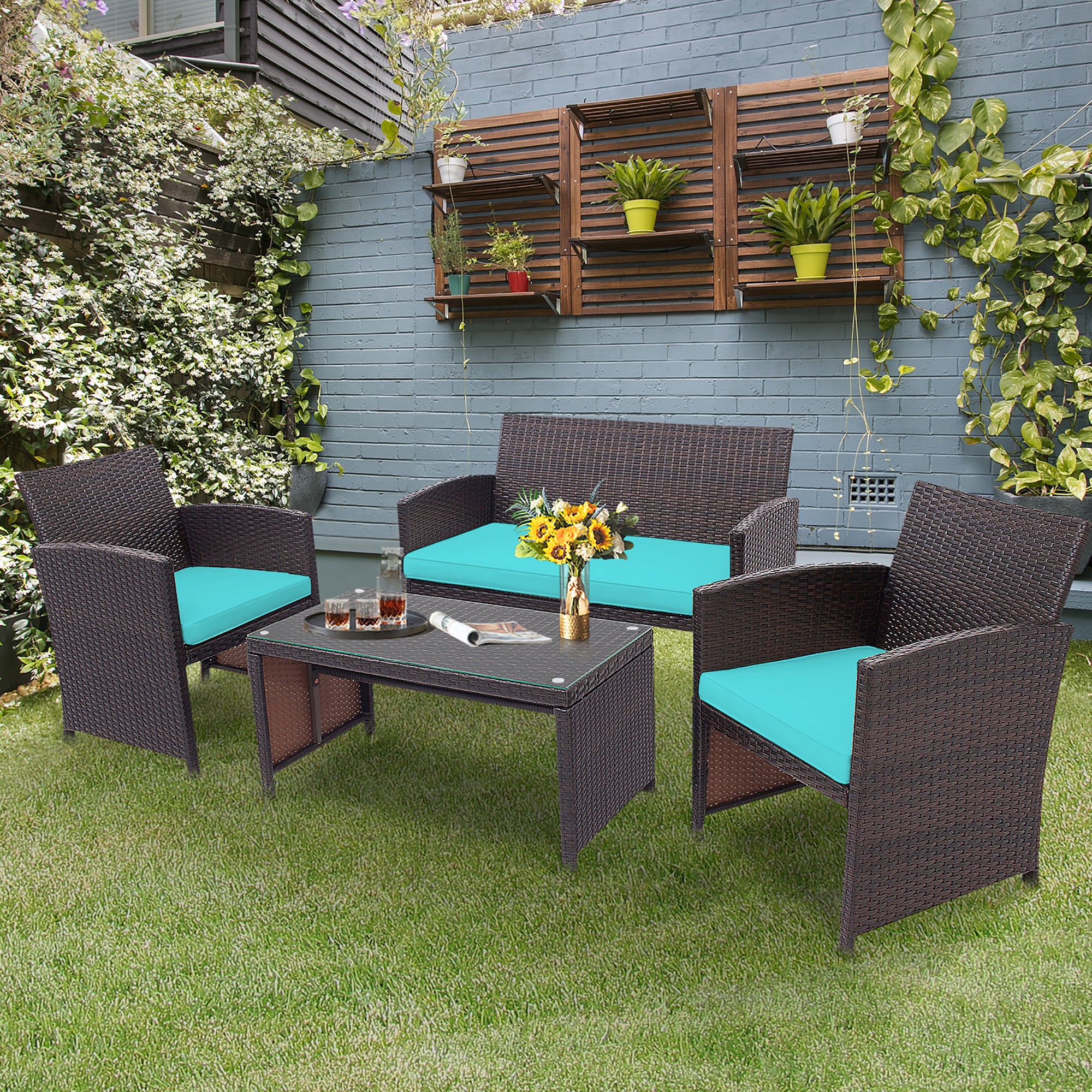  4 Piece Rattan High Backrest Cushioned Furniture Set with Coffee Table - Turquoise - Bonton