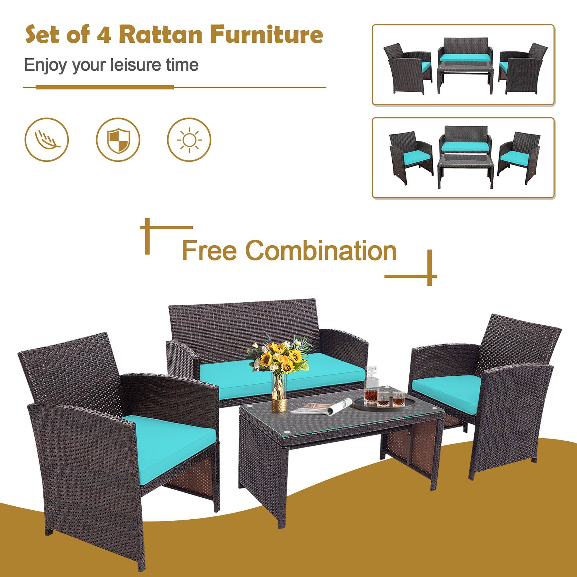  4 Piece Rattan High Backrest Cushioned Furniture Set with Coffee Table - White - Bonton