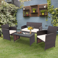 4 Piece Rattan High Backrest Cushioned Furniture Set with Coffee Table