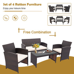 4 Piece Rattan High Backrest Cushioned Furniture Set with Coffee Table