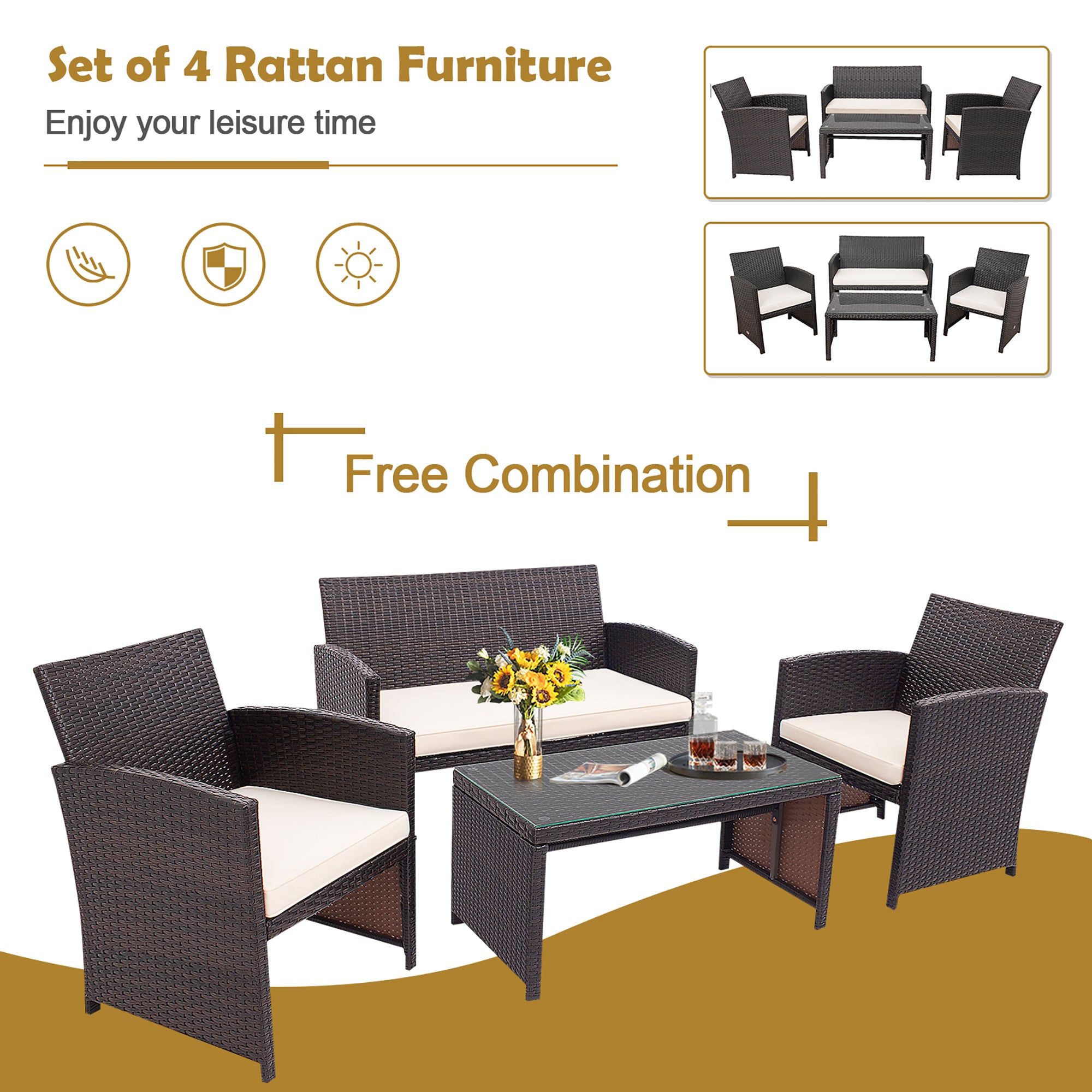  4 Piece Rattan High Backrest Cushioned Furniture Set with Coffee Table - Turquoise - Bonton