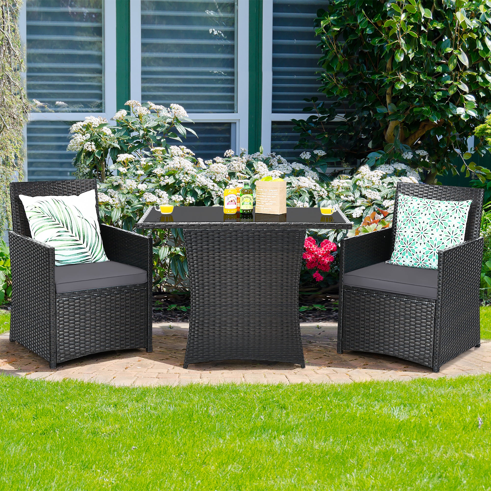  3 Piece Rattan Curved Backrest Dining Set - Navy - Bonton