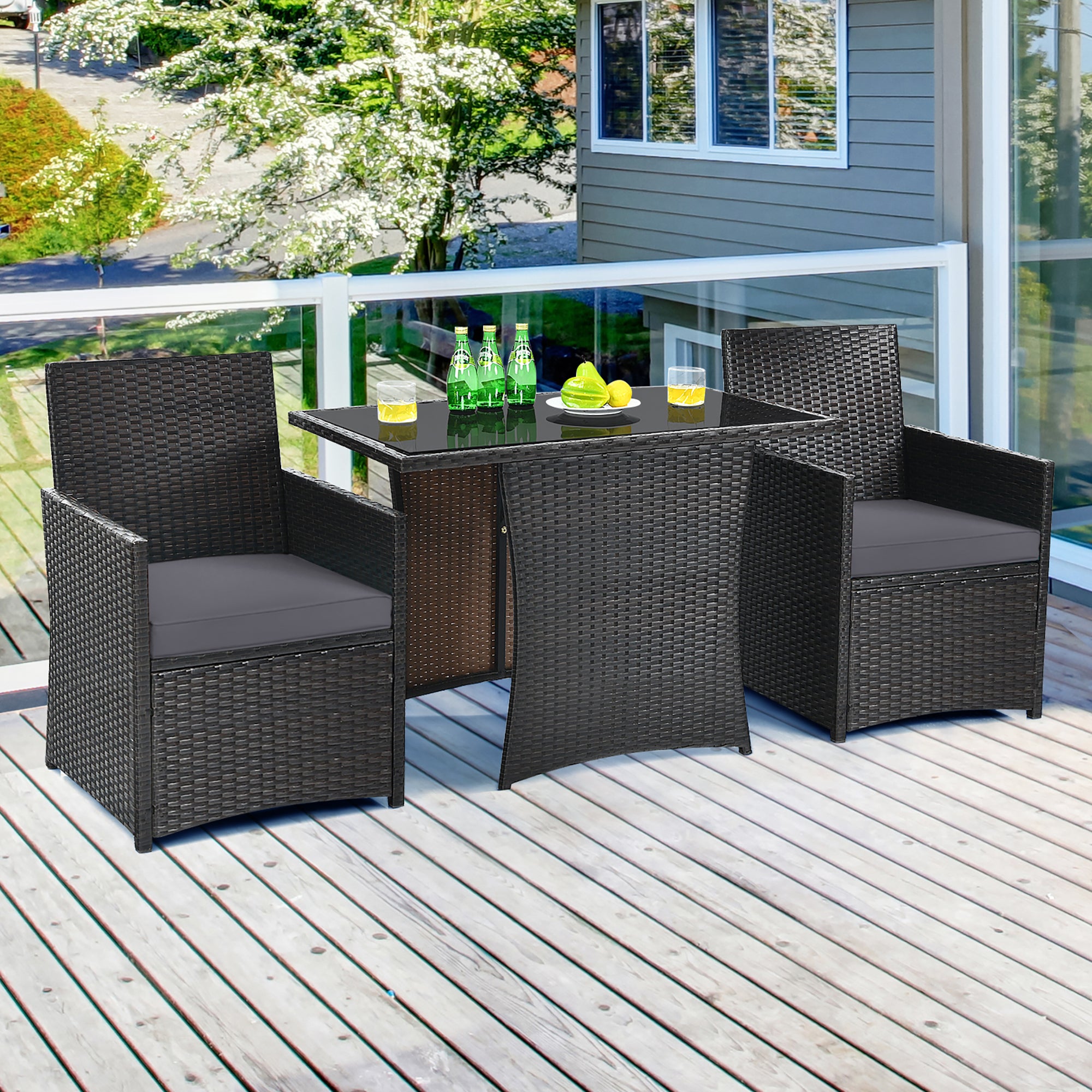  3 Piece Rattan Curved Backrest Dining Set - Navy - Bonton