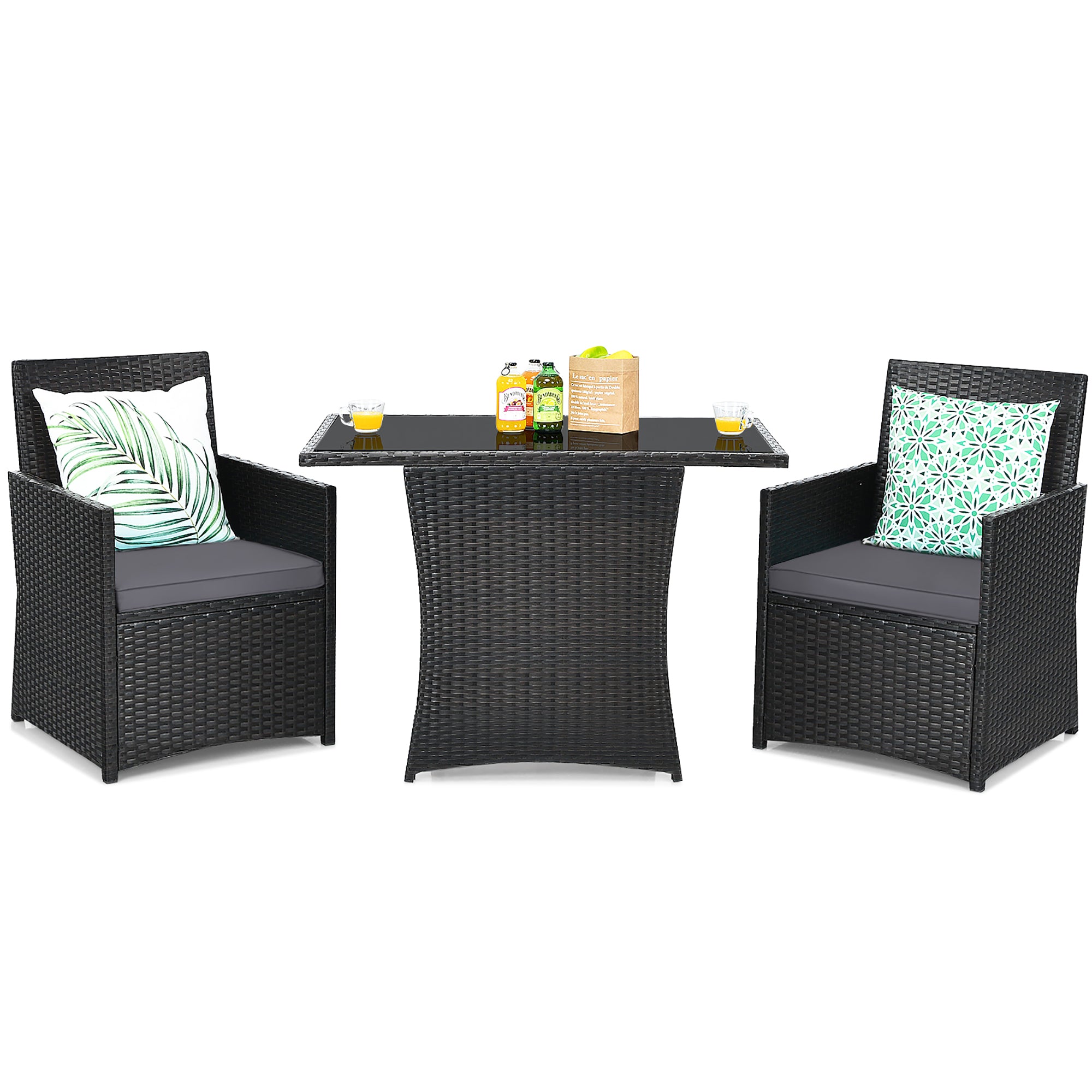  3 Piece Rattan Curved Backrest Dining Set - Navy - Bonton